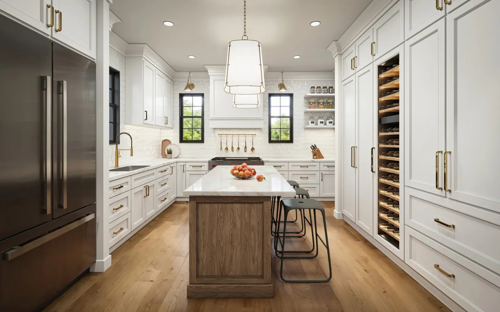 White kitchen with wood island, brass hardware and wine column at Market Common Townhomes, Myrtle Beach