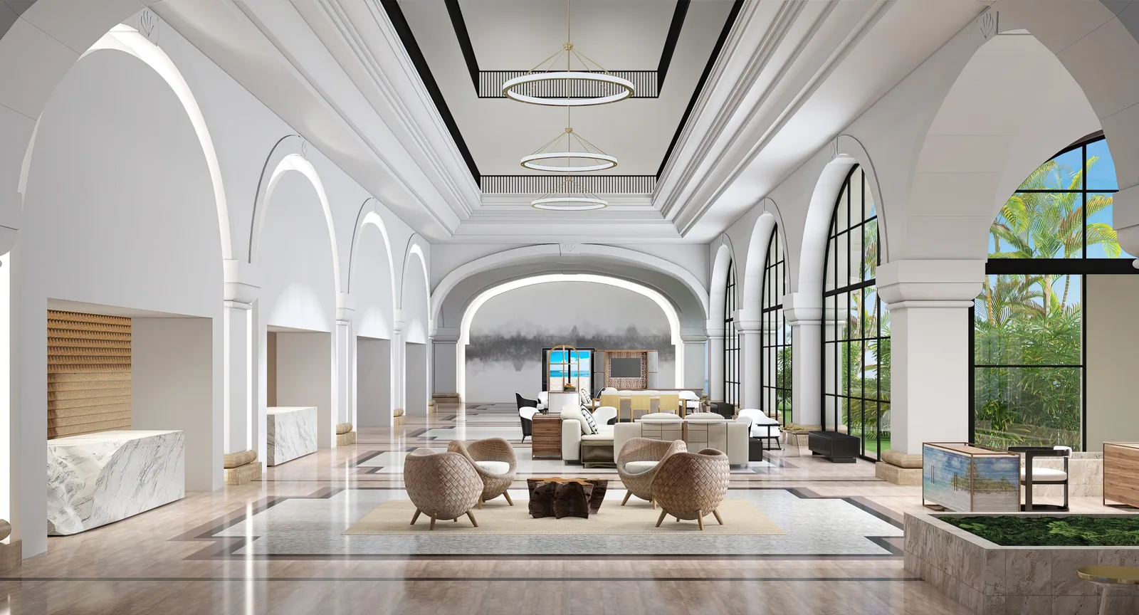 White arched lobby with stone floors and woven lounge chairs at Marriott Cancun, An All-Inclusive Resort