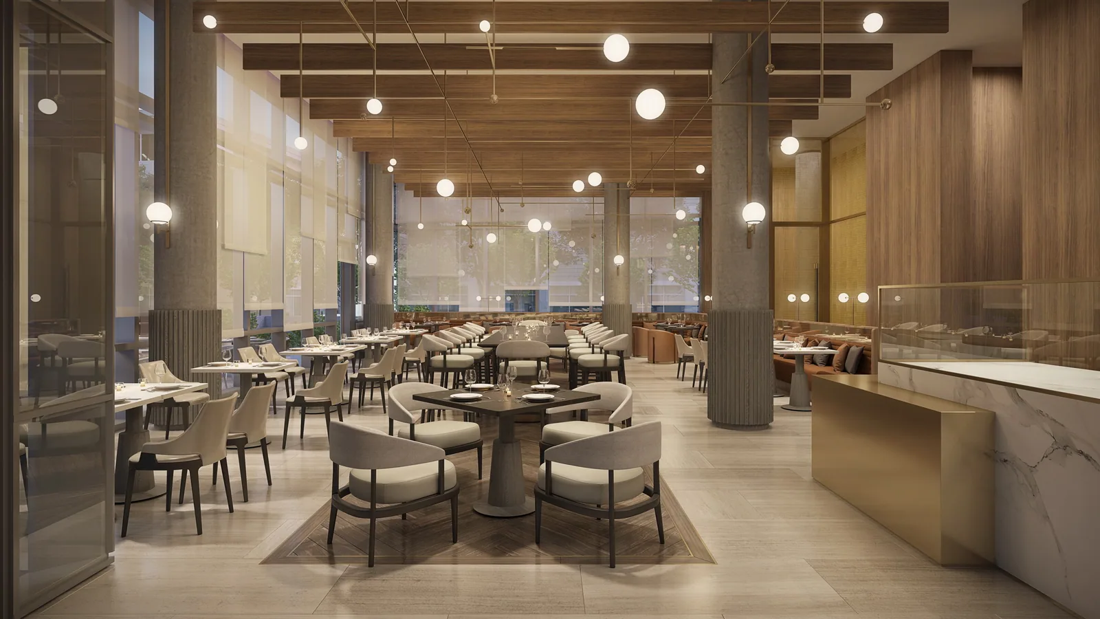 Restaurant with wood ceiling, round pendants and open kitchen at the Marriott HQ hotel in Bethesda