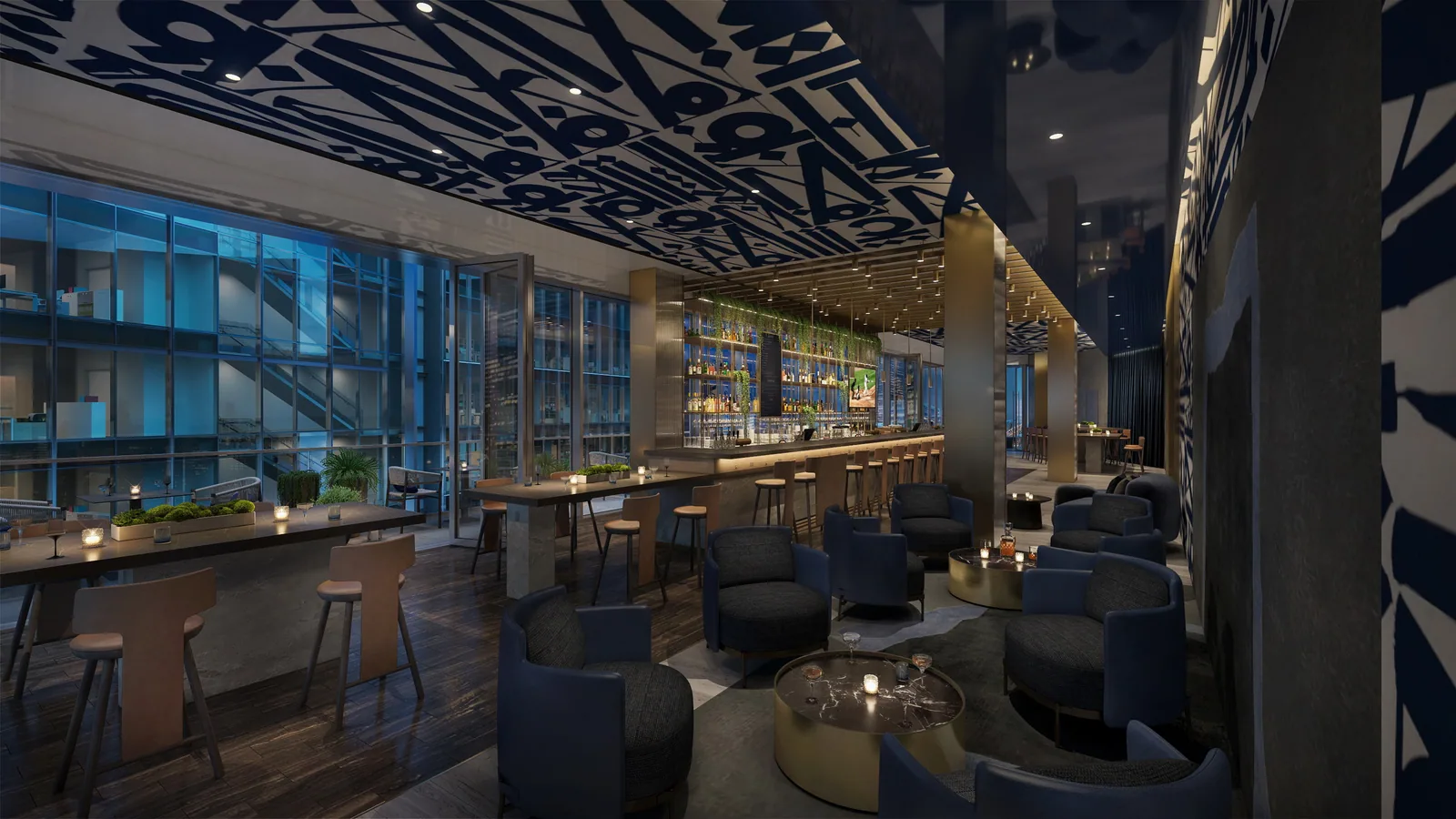 Lounge bar with bold blue graphic ceiling and dark seating at the Marriott HQ hotel in Bethesda