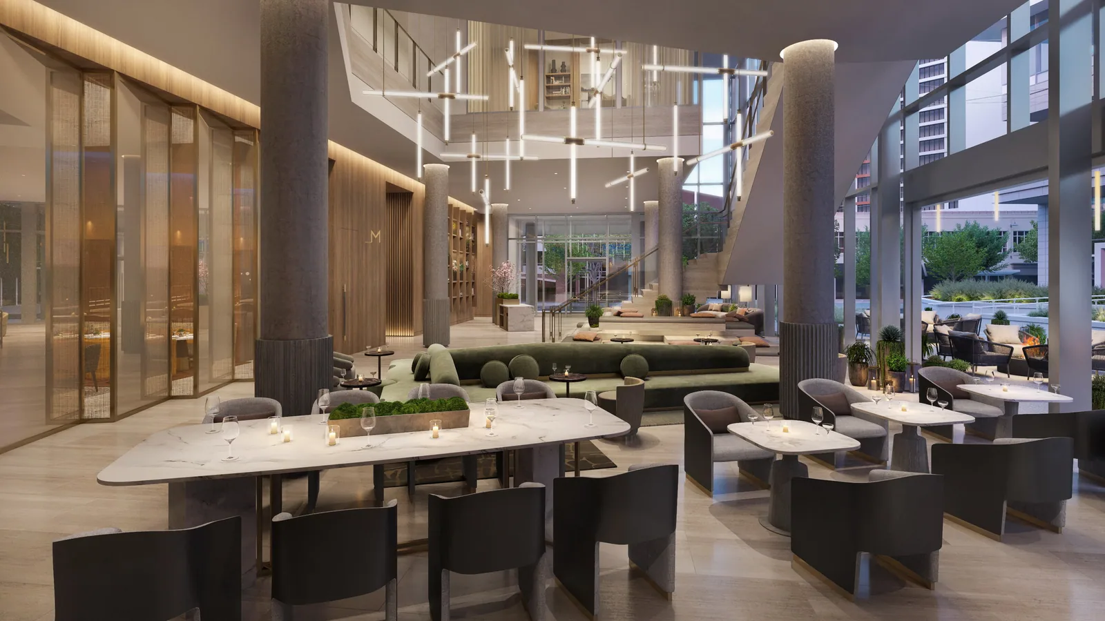 Lobby lounge with communal tables, sofas and linear chandeliers at the Marriott HQ hotel, Bethesda
