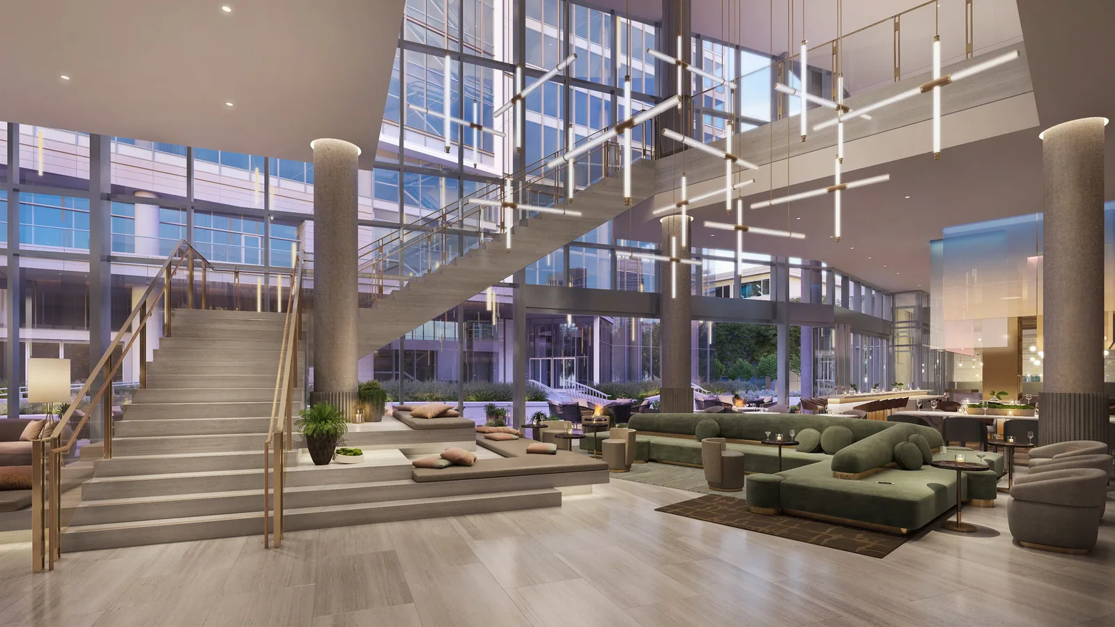 Double-height lobby with sculptural stair and linear chandelier at the Marriott HQ hotel, Bethesda