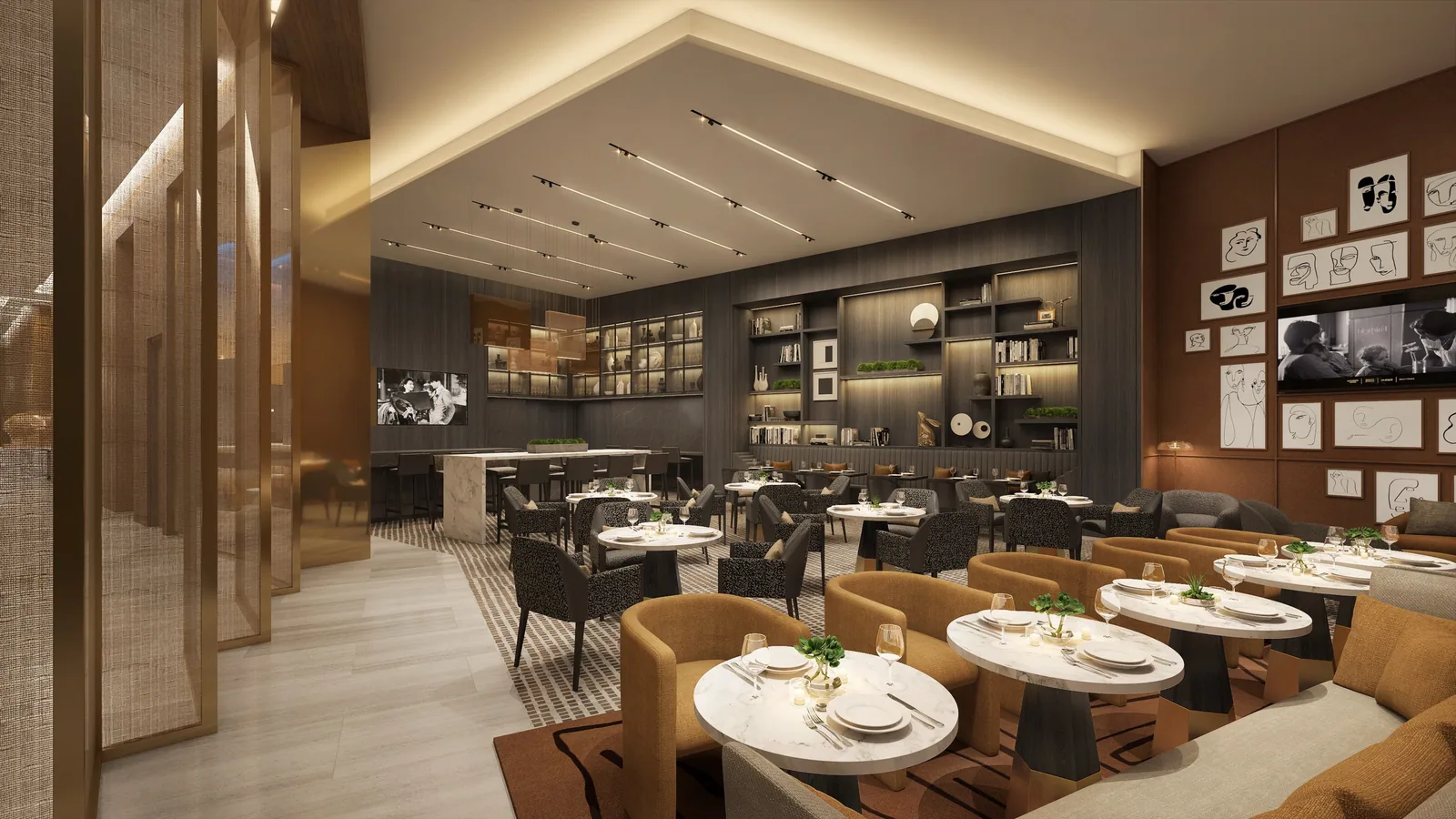 Dining room with bronze screens, bookshelves and portrait wall at the Marriott HQ hotel, Bethesda
