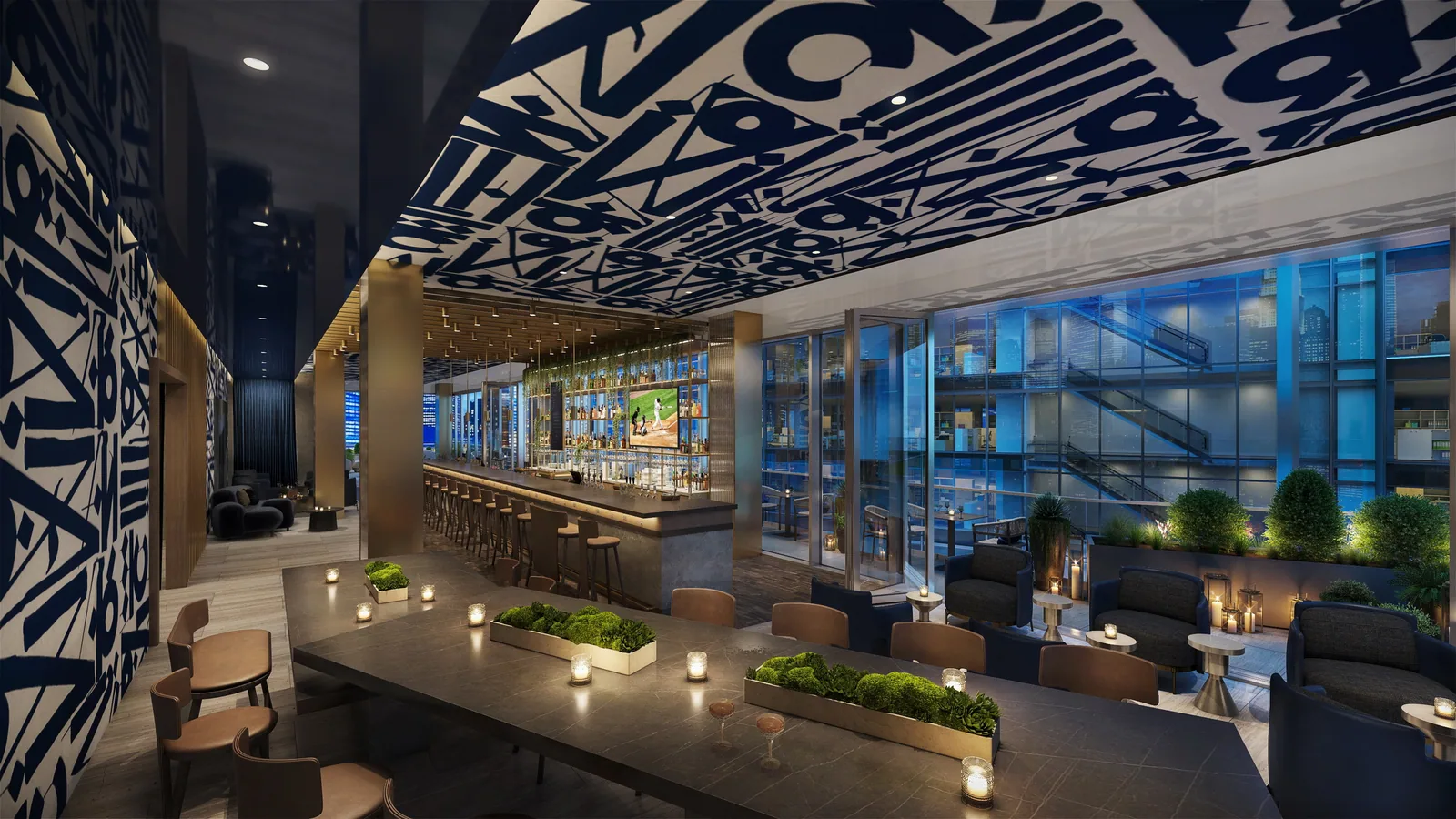 Bar under a blue graphic ceiling with candlelit tables at the Marriott HQ hotel in Bethesda