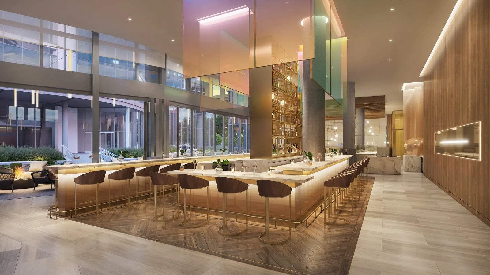 Marble bar with glass art and stools beside tall windows at the Marriott HQ hotel, Bethesda
