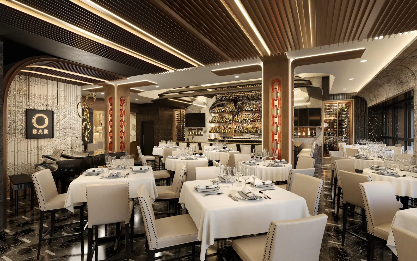 Dining room with wood-slat ceiling, white tablecloths and bar at Mastro's Philadelphia