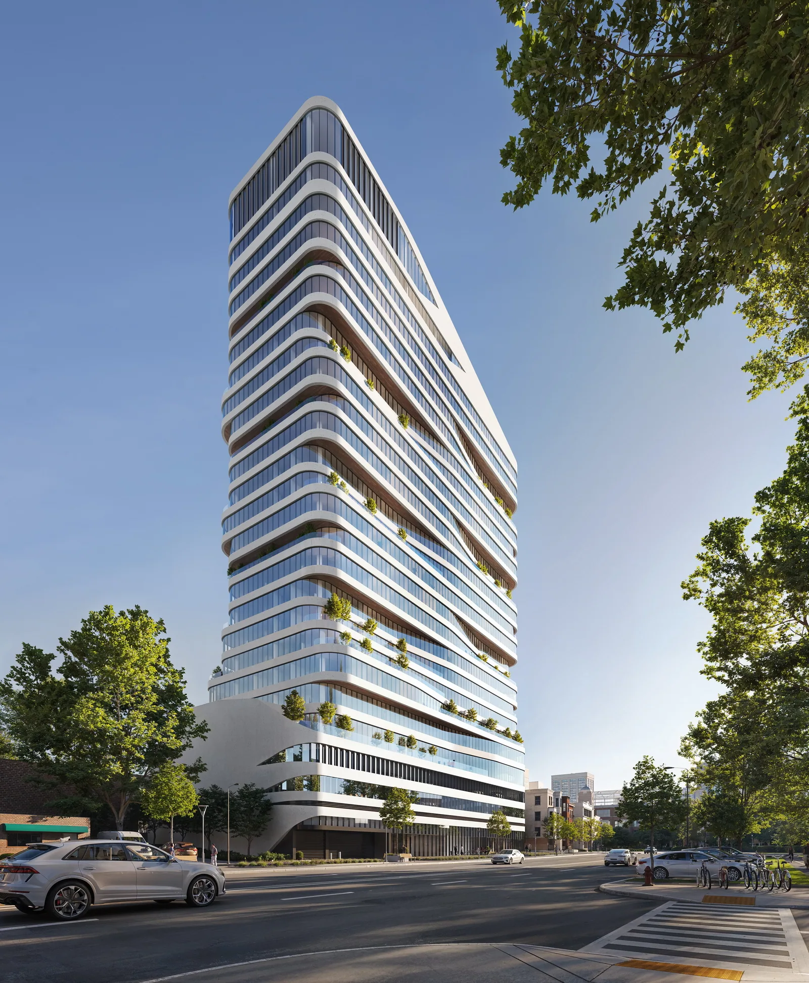 Hudson 44 residential tower in Yonkers with white banded floors, seen from the street