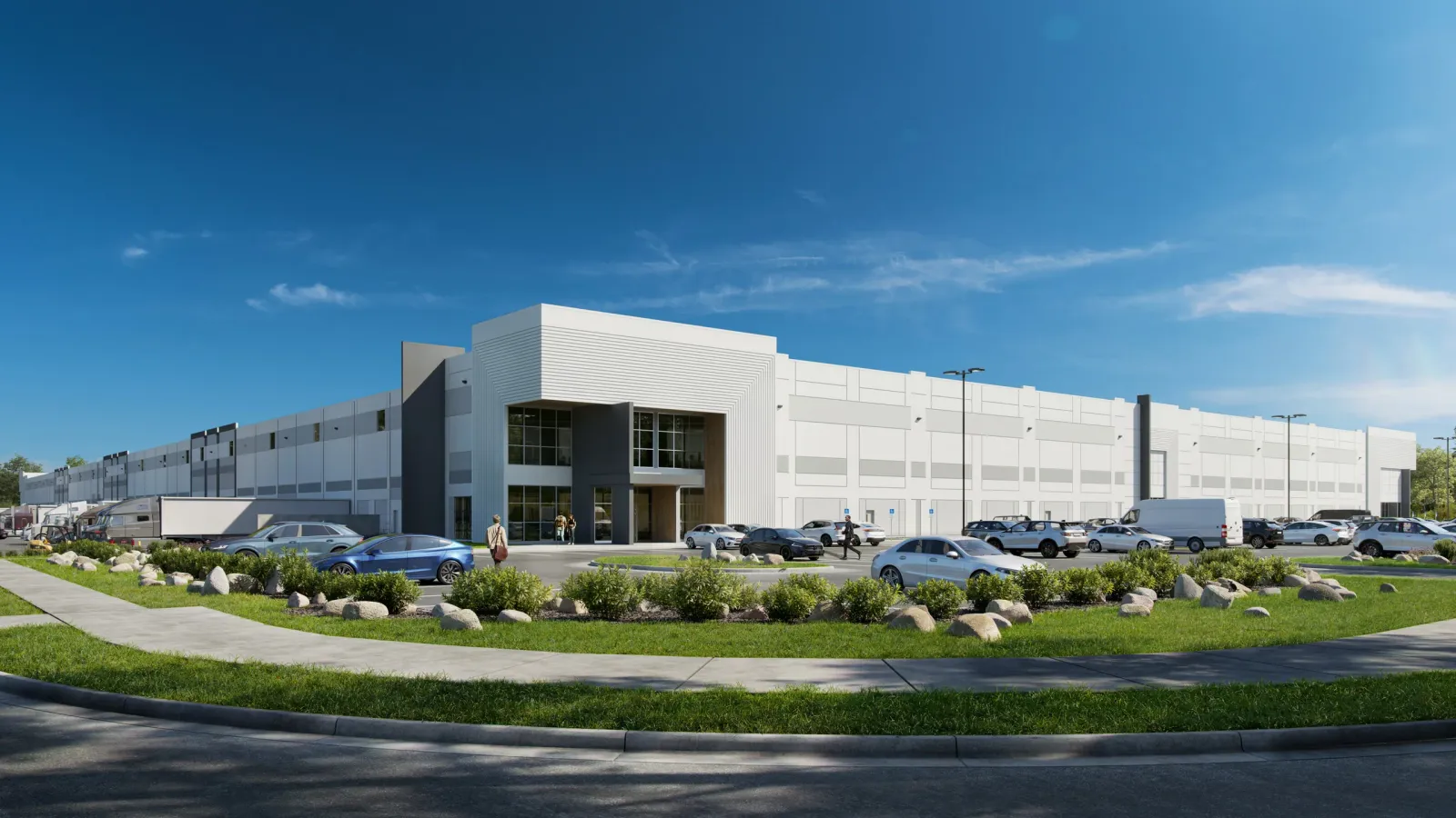 Glazed office entry and parking at The Oaks Commerce Center in Belmont, North Carolina