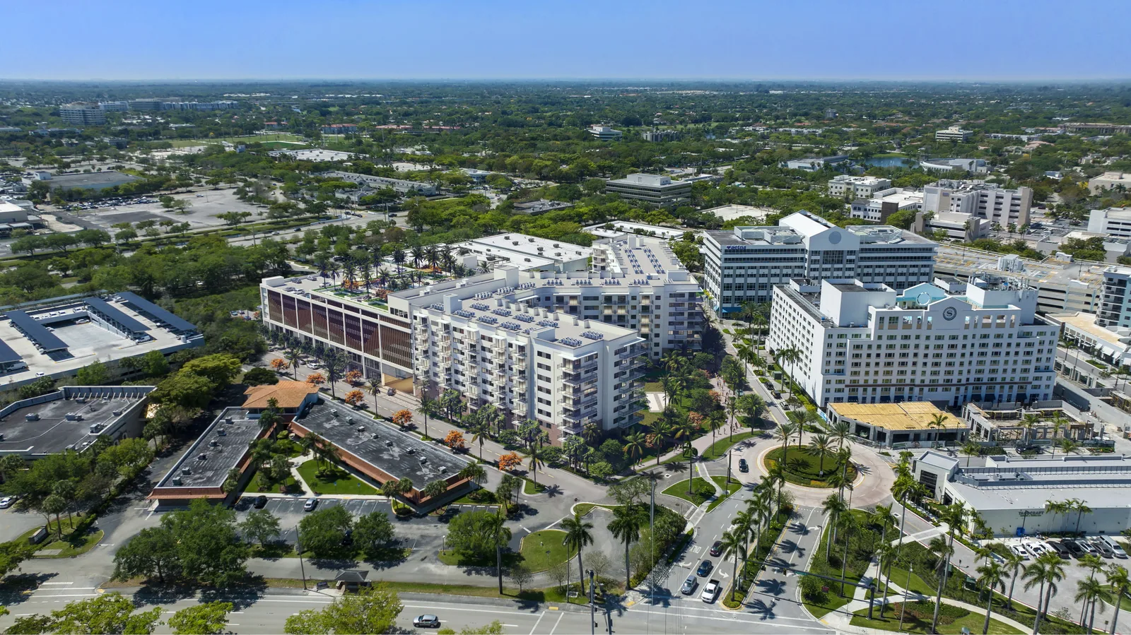 Aerial of the Plantation Walk mixed-use development in Plantation, Florida, with hotel and apartments