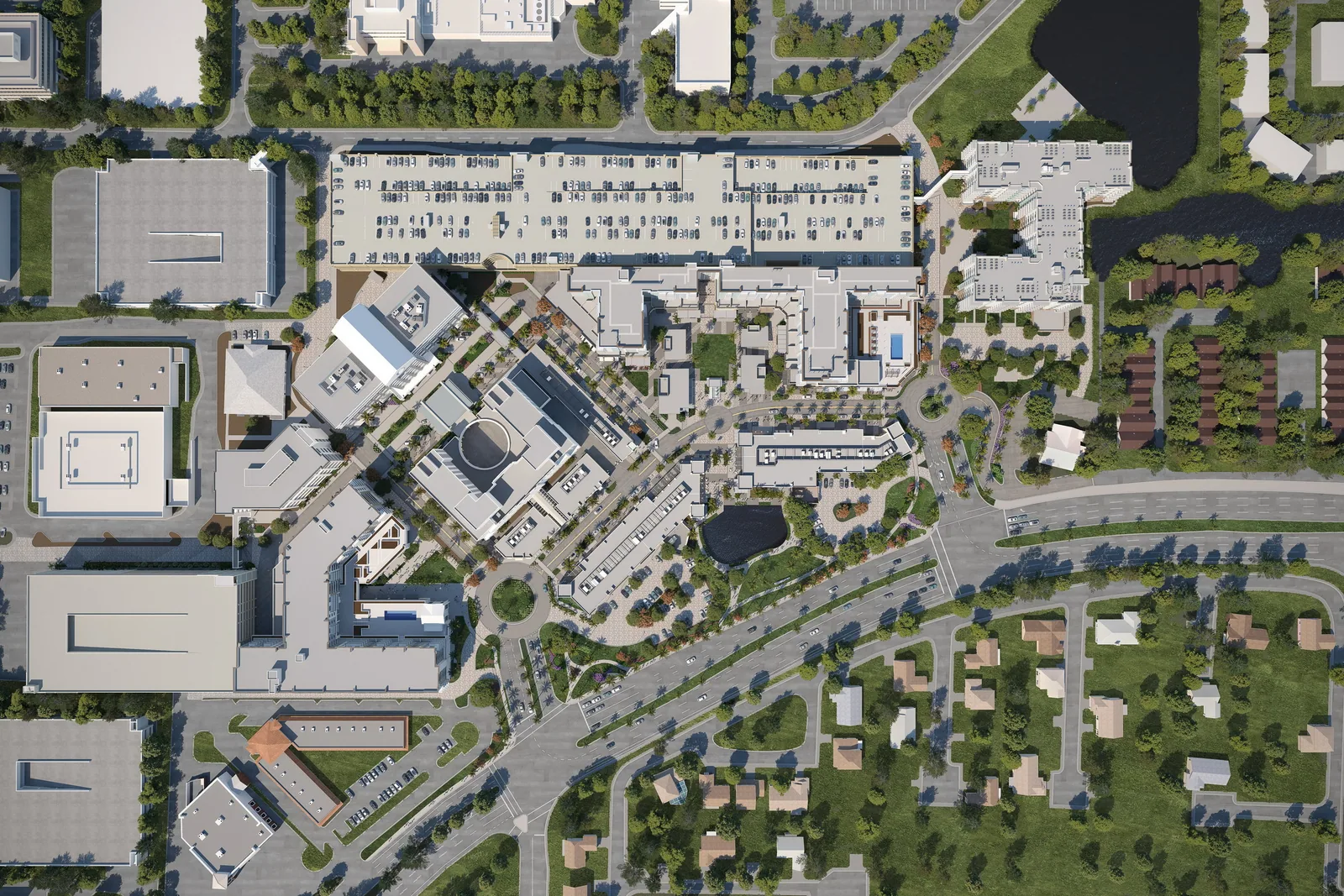 Overhead plan view of Plantation Walk's buildings, streets and courtyards in Plantation, Florida