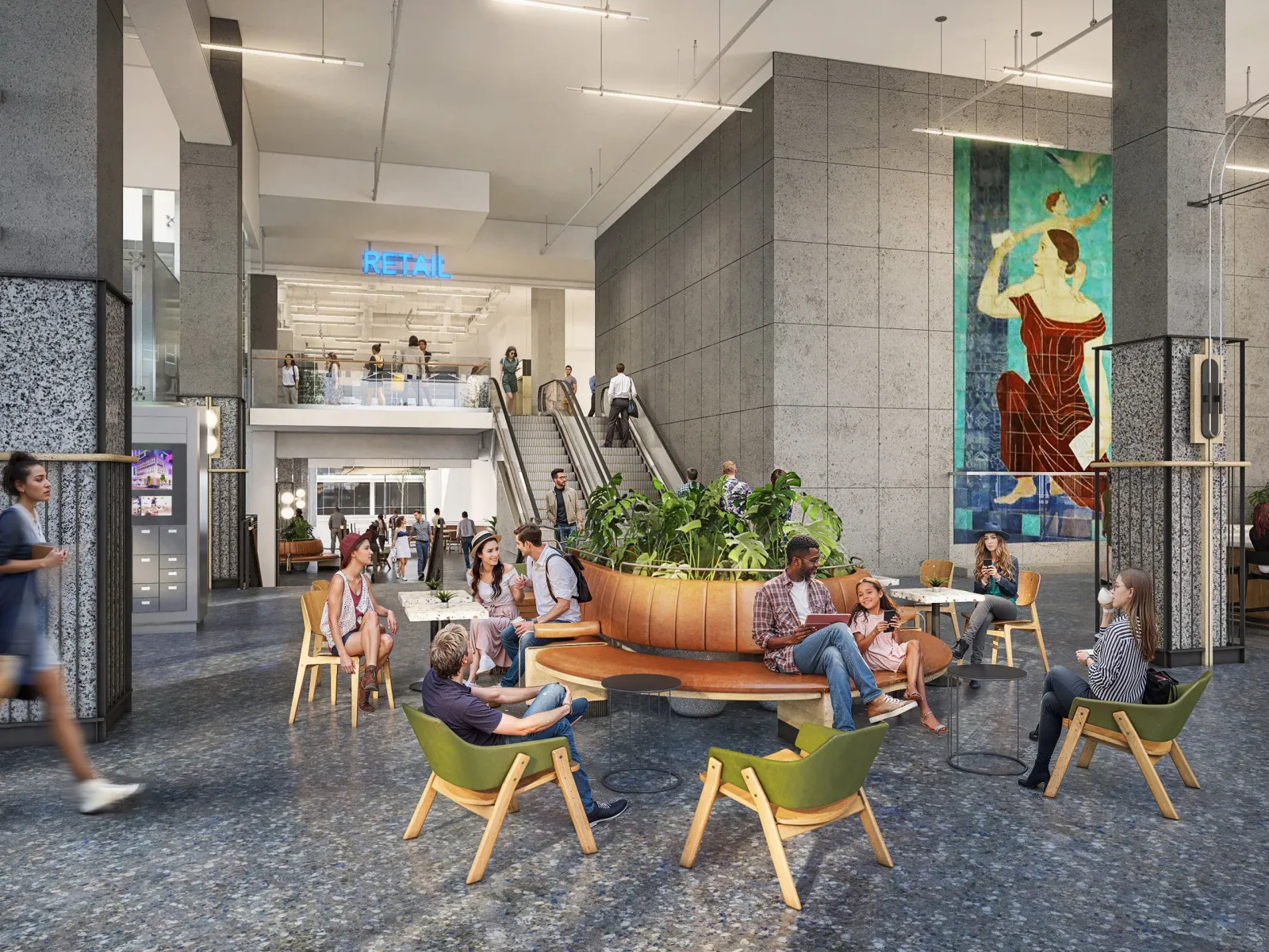 Concourse seating area with planter bench and mural beside escalators at The Post, Vancouver