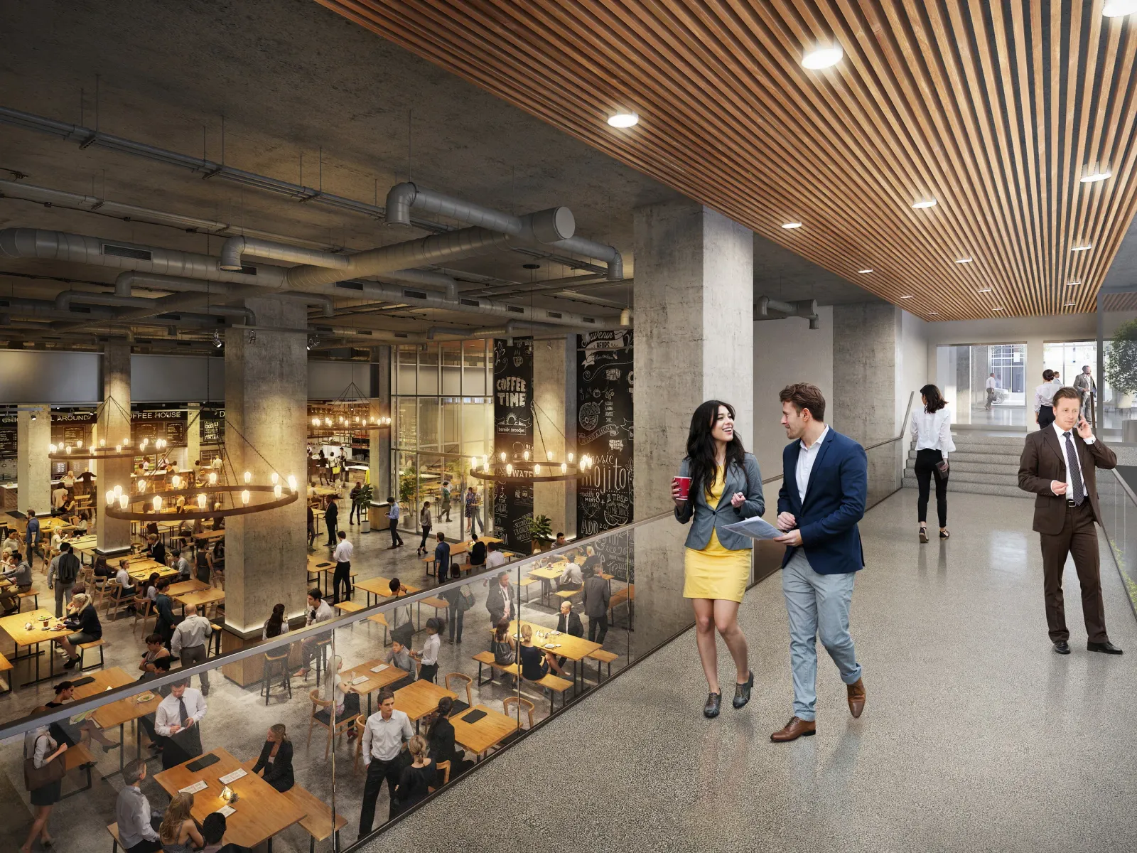 Food court seen from a mezzanine walkway under a wood-slat ceiling at The Post, Vancouver