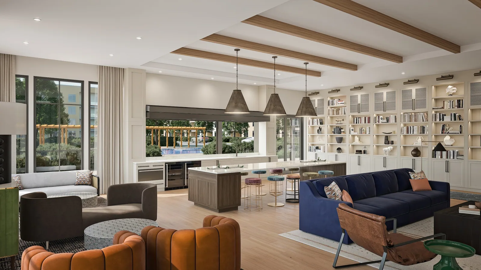 Resident clubroom with beamed ceiling, kitchen bar and library wall at Presidium Berkshire, Fort Worth