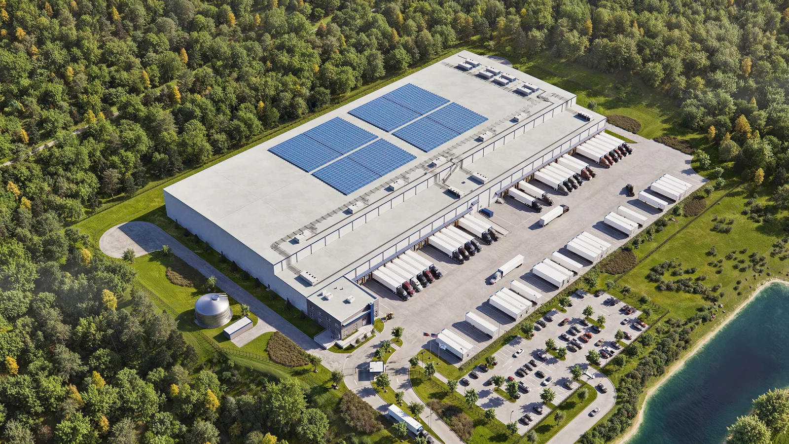 Aerial of the RL Cold storage facility in Lula, Georgia, with rooftop solar and a long truck court