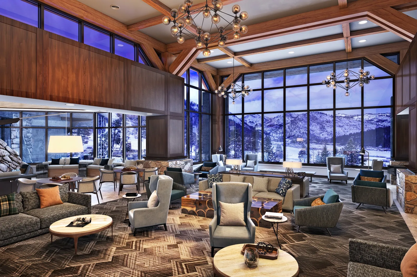 Timber lobby lounge with a window wall to snowy mountains at Everline Resort & Spa, Olympic Valley, California