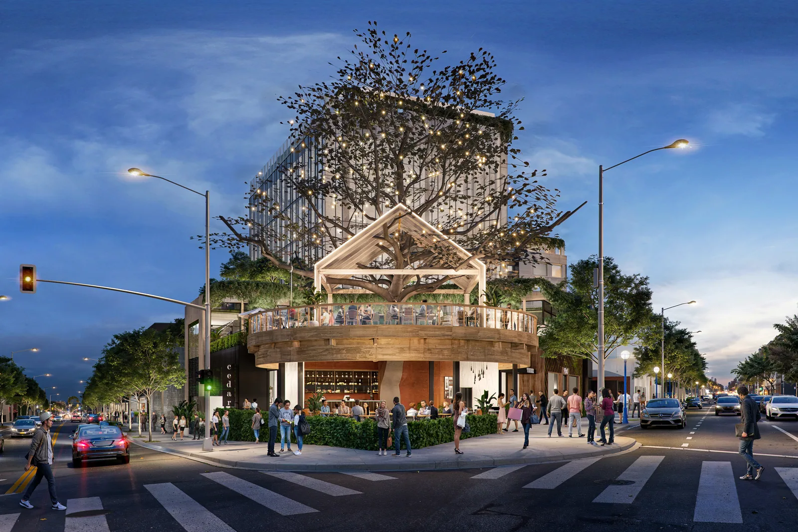 Corner restaurant and terrace under a sculptural tree canopy at Robertson Lane, West Hollywood, at dusk