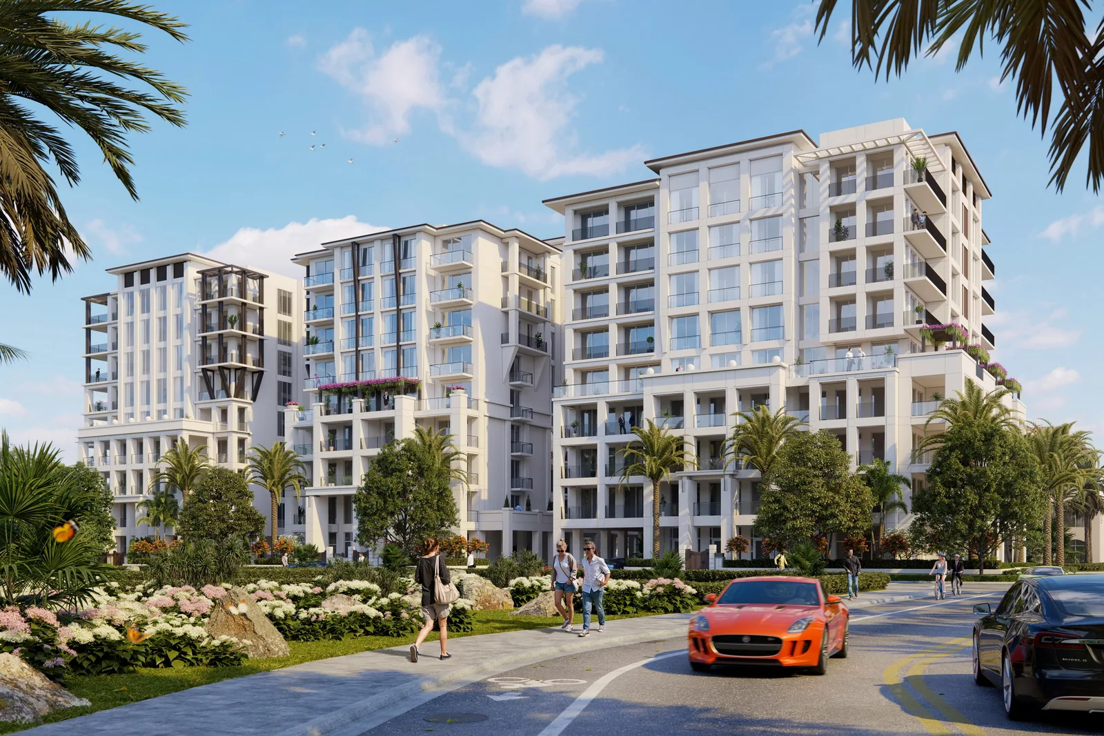 White residential towers among palms and gardens at Royal Palm Residences, Boca Raton