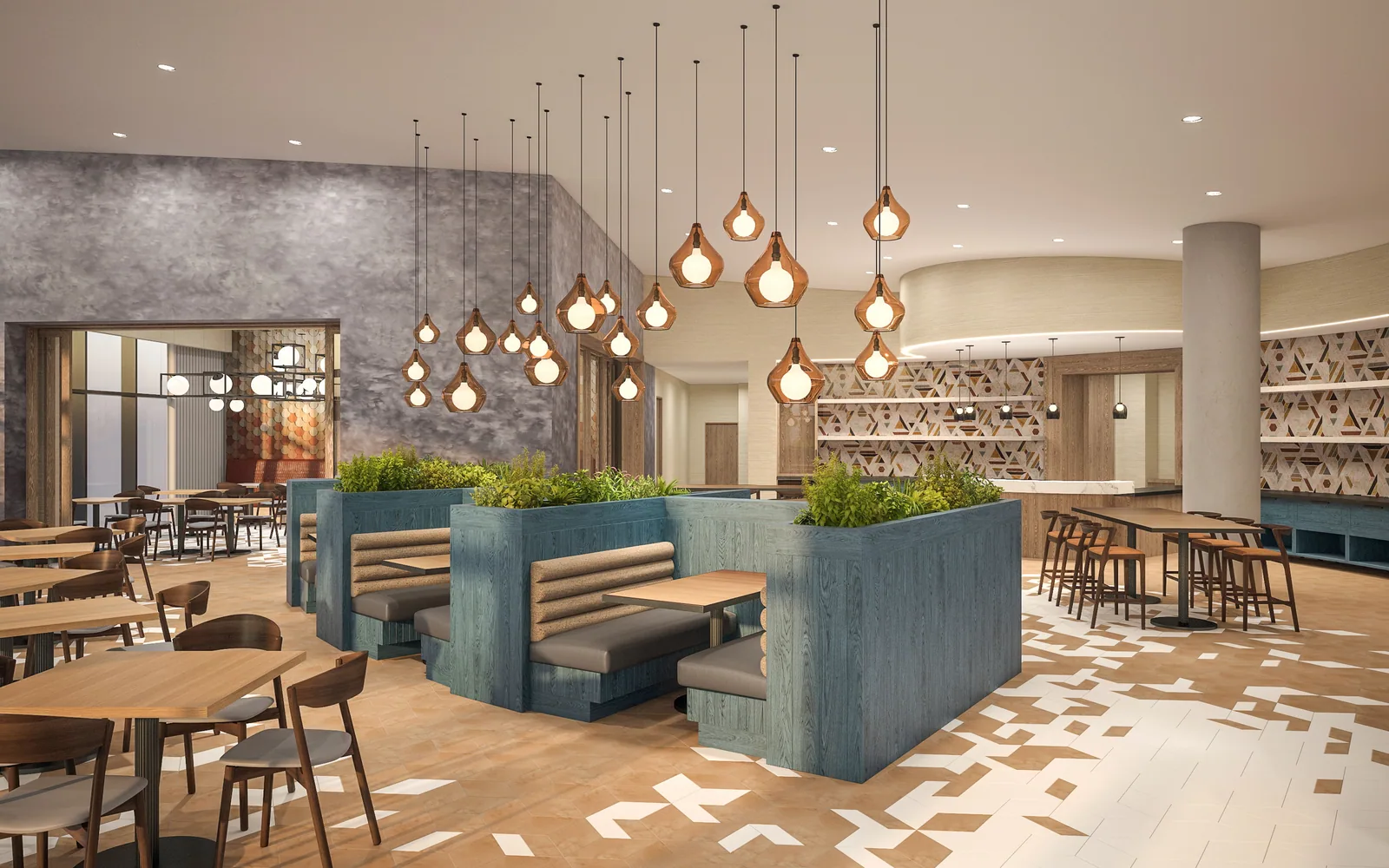Hotel restaurant with planted booths and copper pendant lights at the Sheraton Grand Phoenix