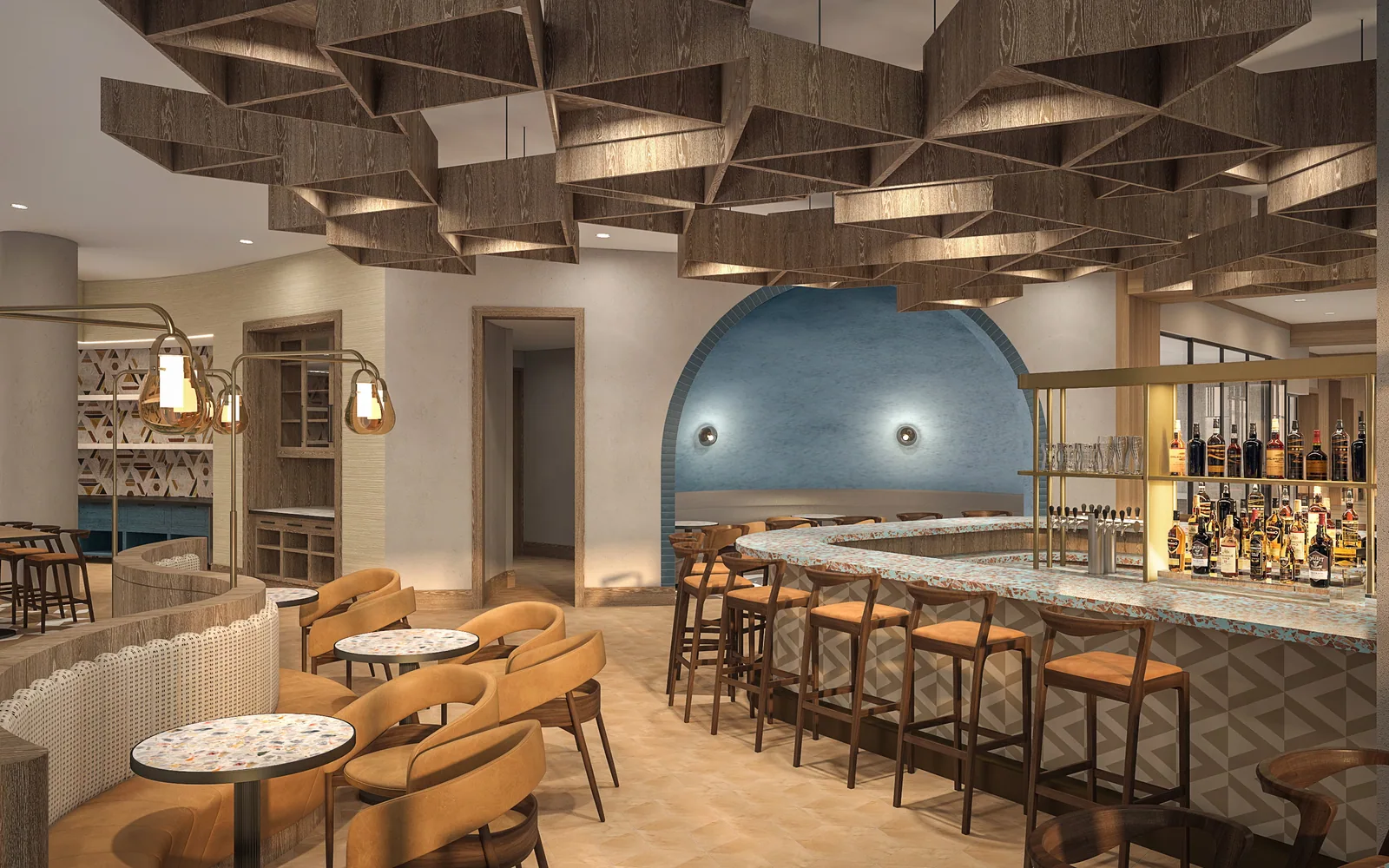 Hotel bar under a faceted wood ceiling with blue tiled arch at the Sheraton Grand Phoenix