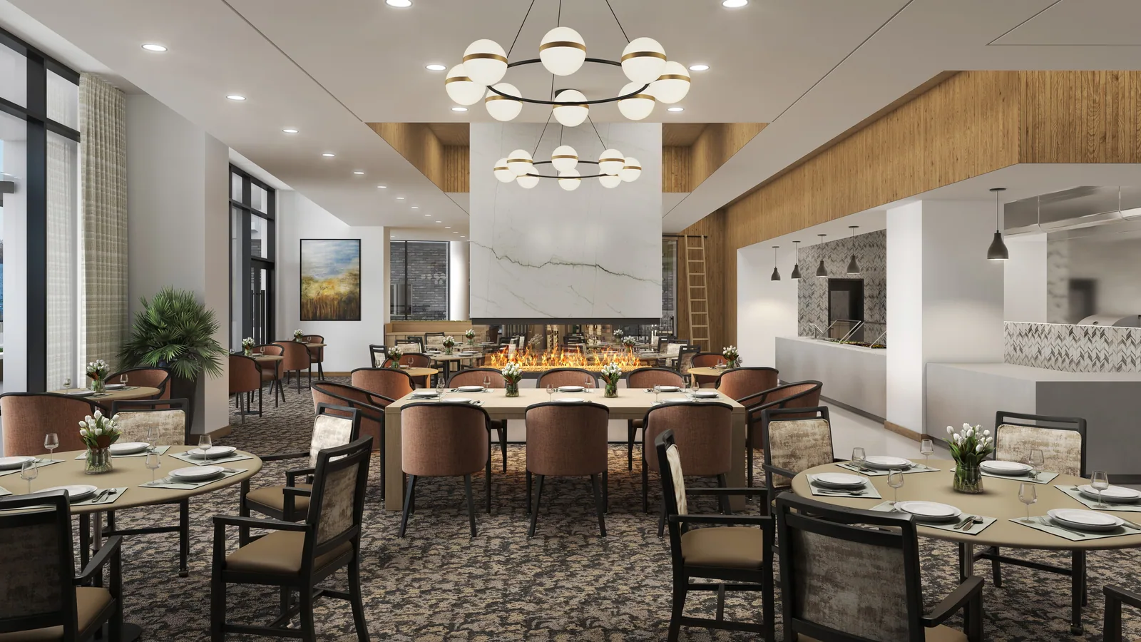 Dining room with fireplace and globe chandelier at The Springs at The Waterfront, Vancouver