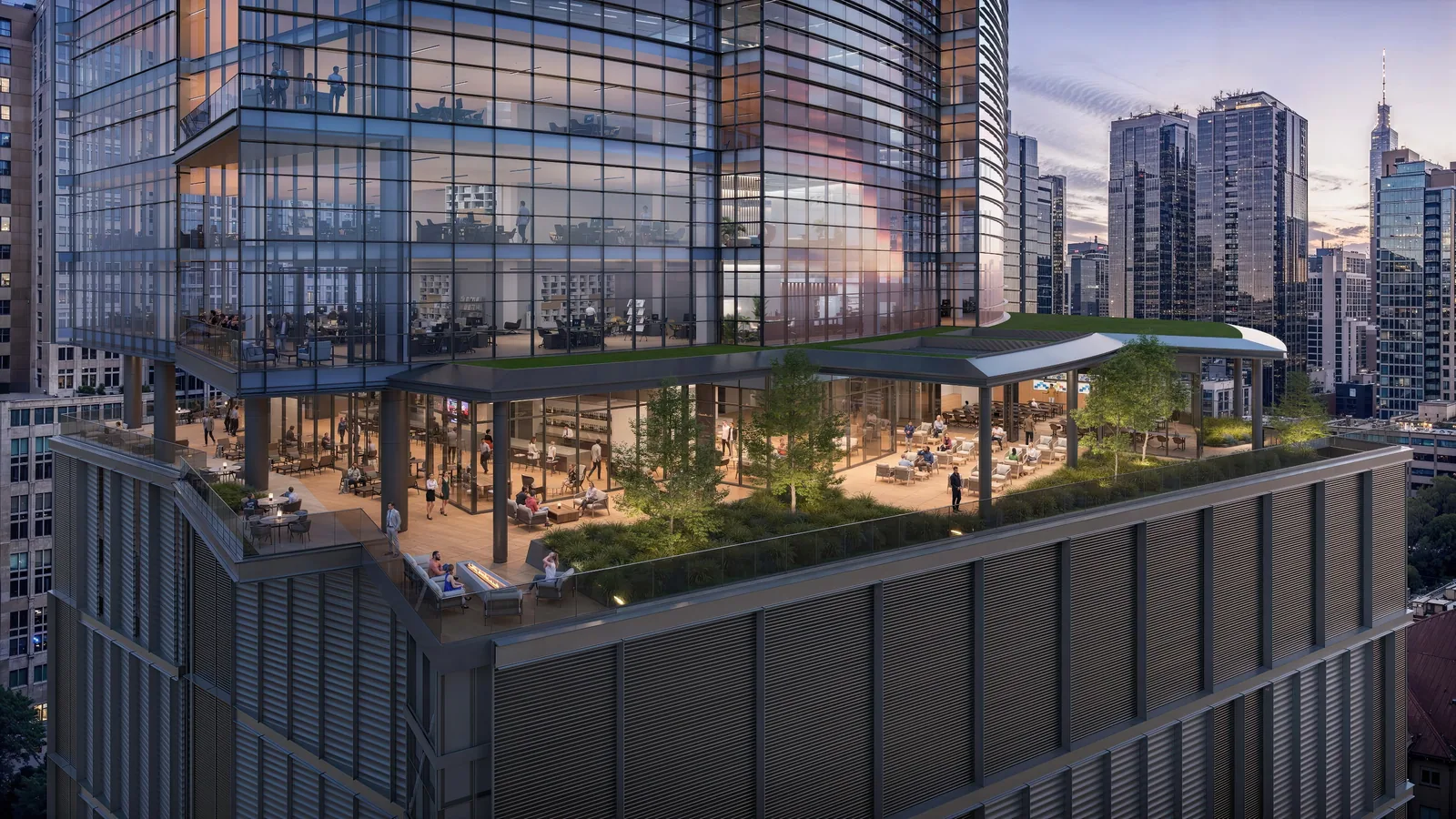 Landscaped amenity terrace above the podium at Stratus Midtown with the Atlanta skyline