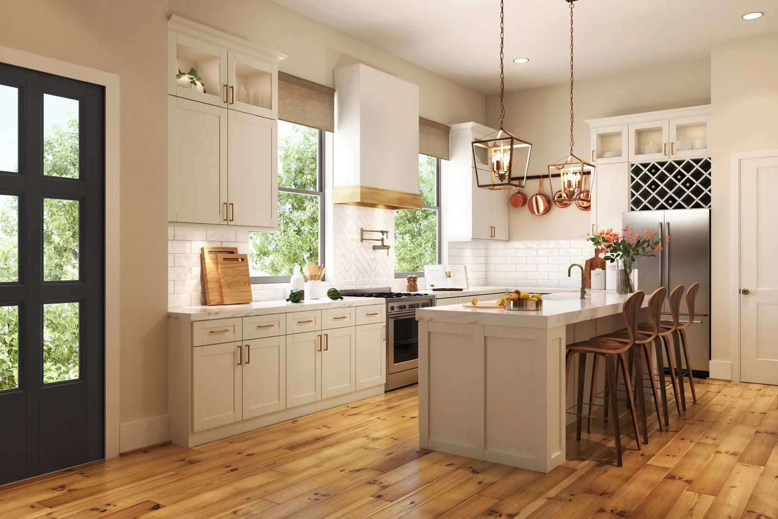 White kitchen with island, lantern pendants and copper pans in a Sunset Heights home, Houston