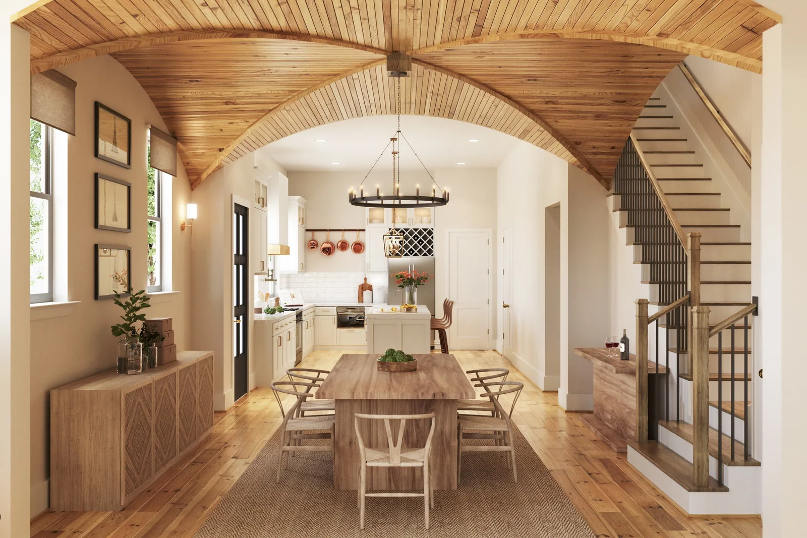 Dining room under a barrel-vaulted wood ceiling with kitchen beyond in a Sunset Heights home, Houston