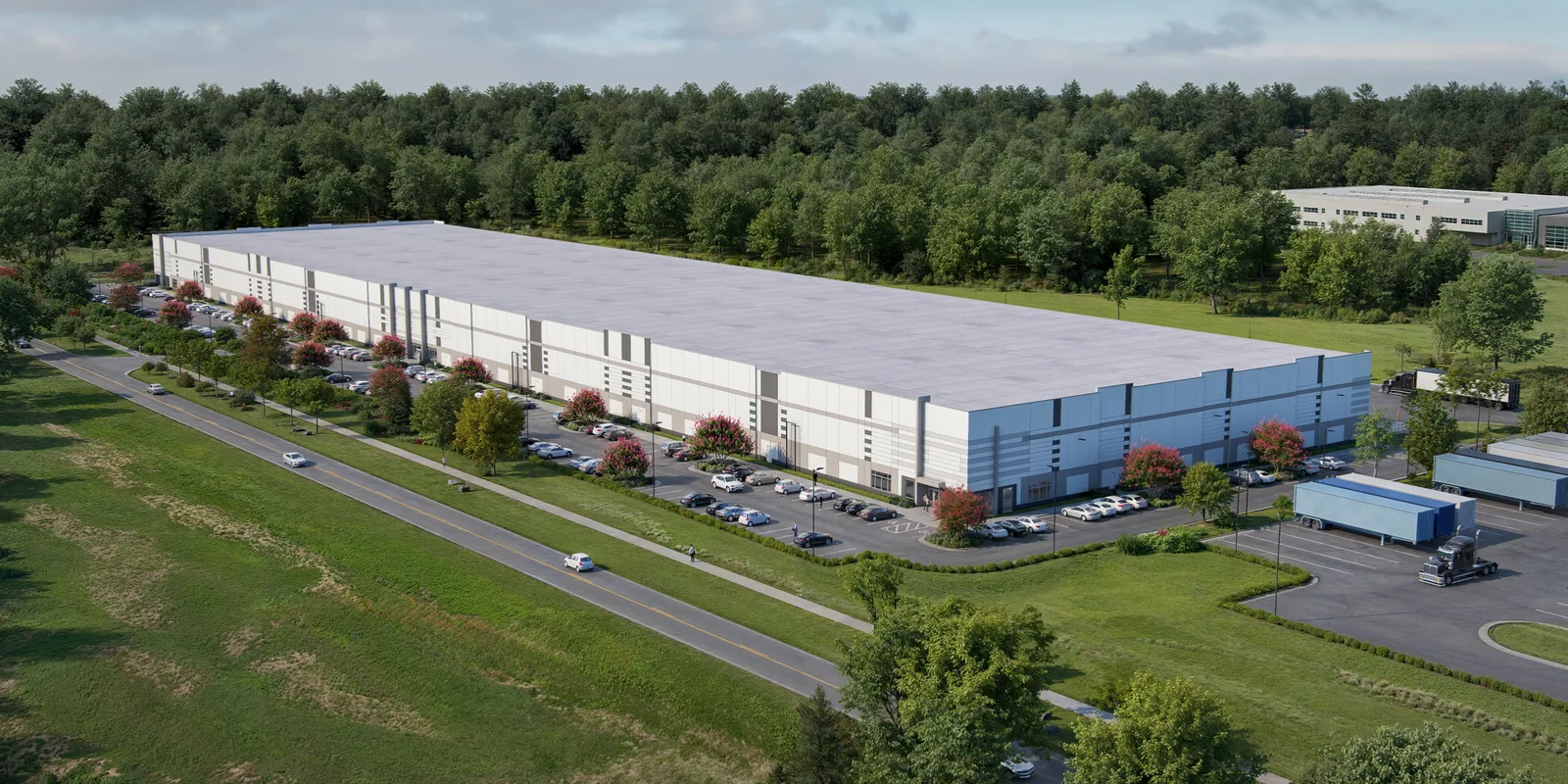 Aerial of the Interchange Logistics Center distribution building and truck court in Huntersville, NC
