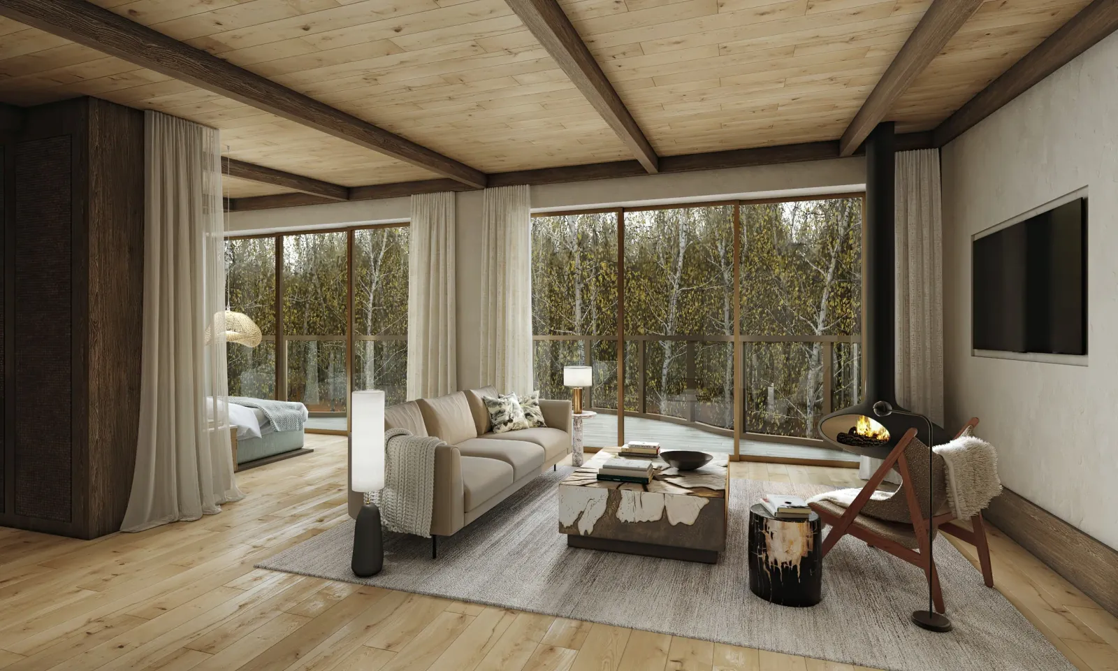 Treehouse living room with wood ceiling and glass walls to the forest at Twin Farms, Vermont
