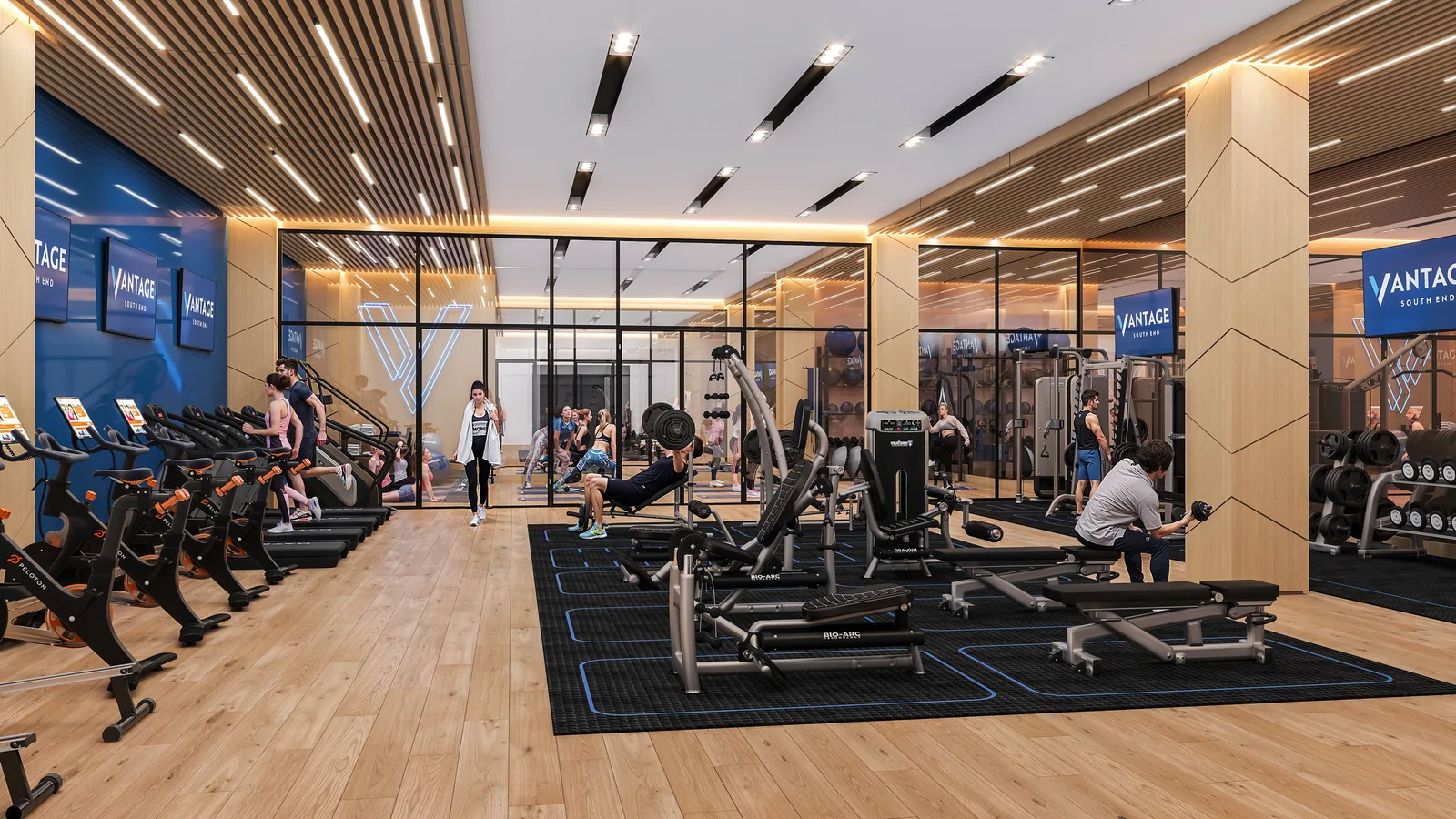 Tenant fitness center with bikes, weights and wood-slat ceiling at Vantage South End, Charlotte