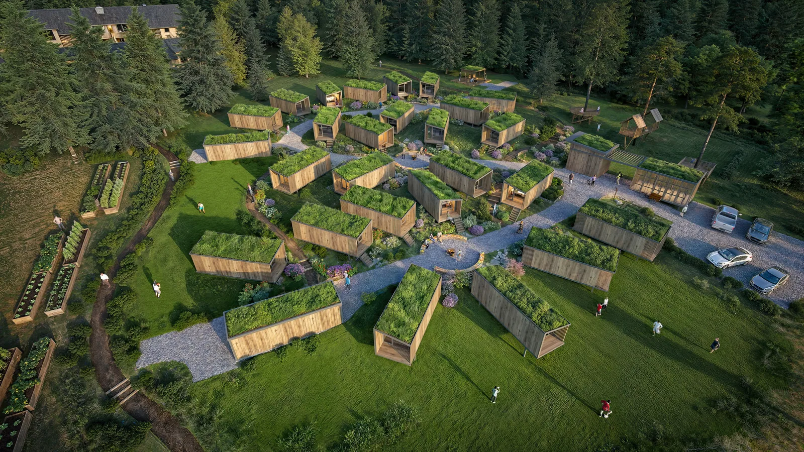 Aerial of green-roofed cabins around paths and a meadow in the Bayview Housing Master Plan on Whidbey Island