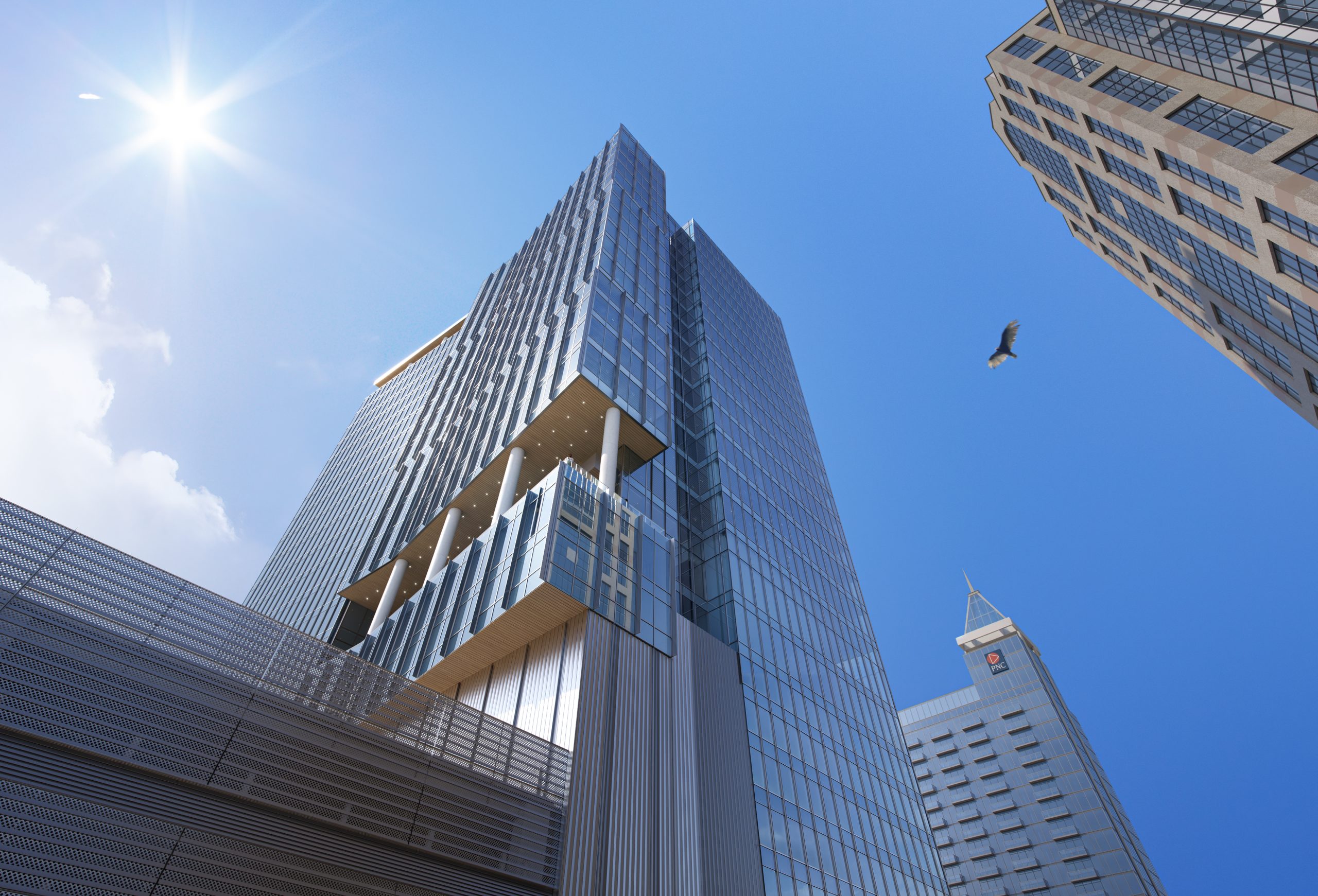 121 Fayetteville Raleigh commercial high-rise exterior rendering by Bogza.com. A bright daytime low-angle view looking up at the sleek glass curtain wall of the 30-plus story office tower, highlighting the striking cantilevered architectural design of the sky terrace.