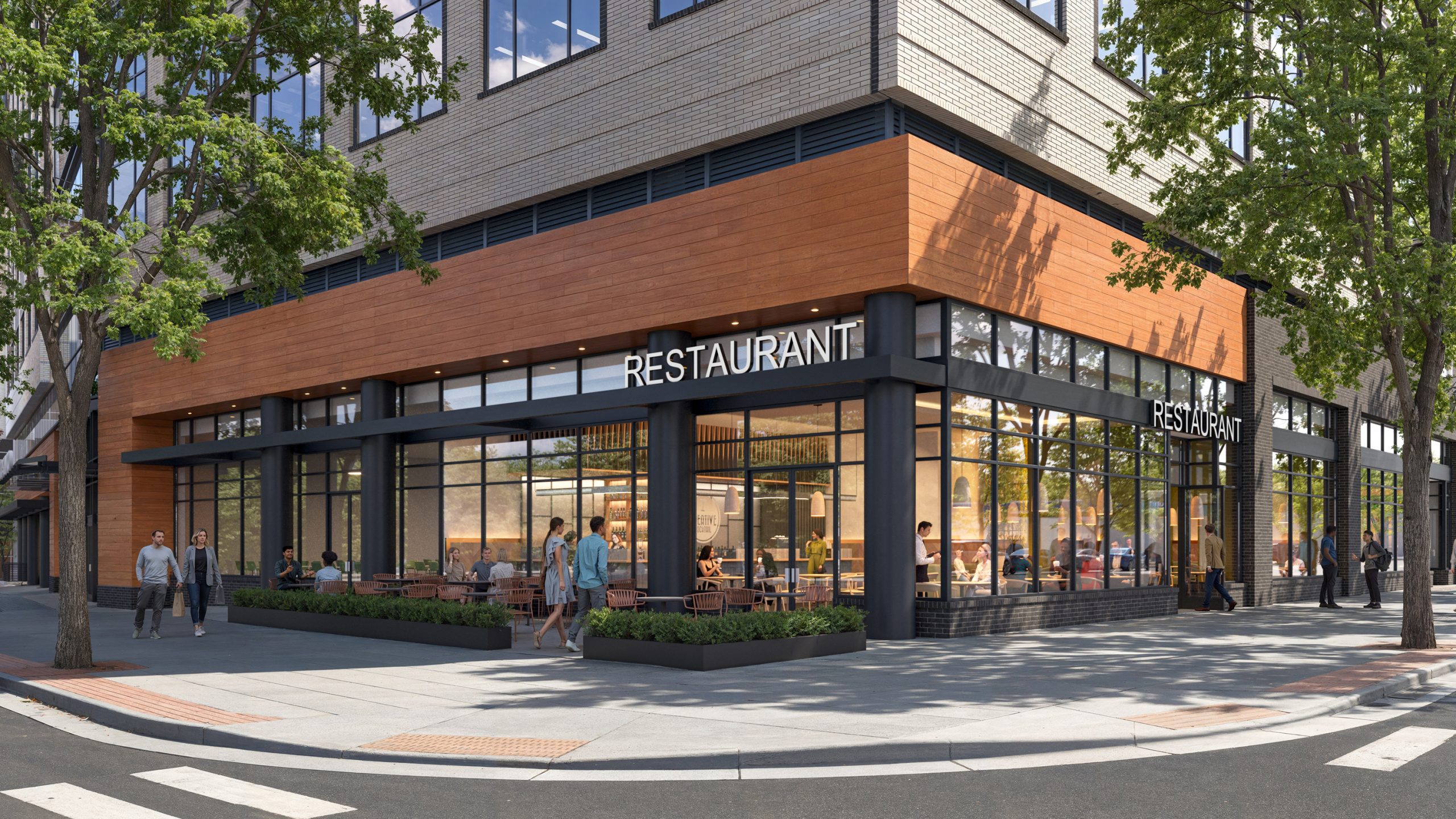 Tower Two at Bloc 83 Raleigh restaurant exterior architectural rendering by Bogza.com. A bright daytime street-level corner view of the modern 10-story office building, highlighting a vibrant ground-floor restaurant with an open-air covered patio, street trees, and active pedestrians crossing the street.