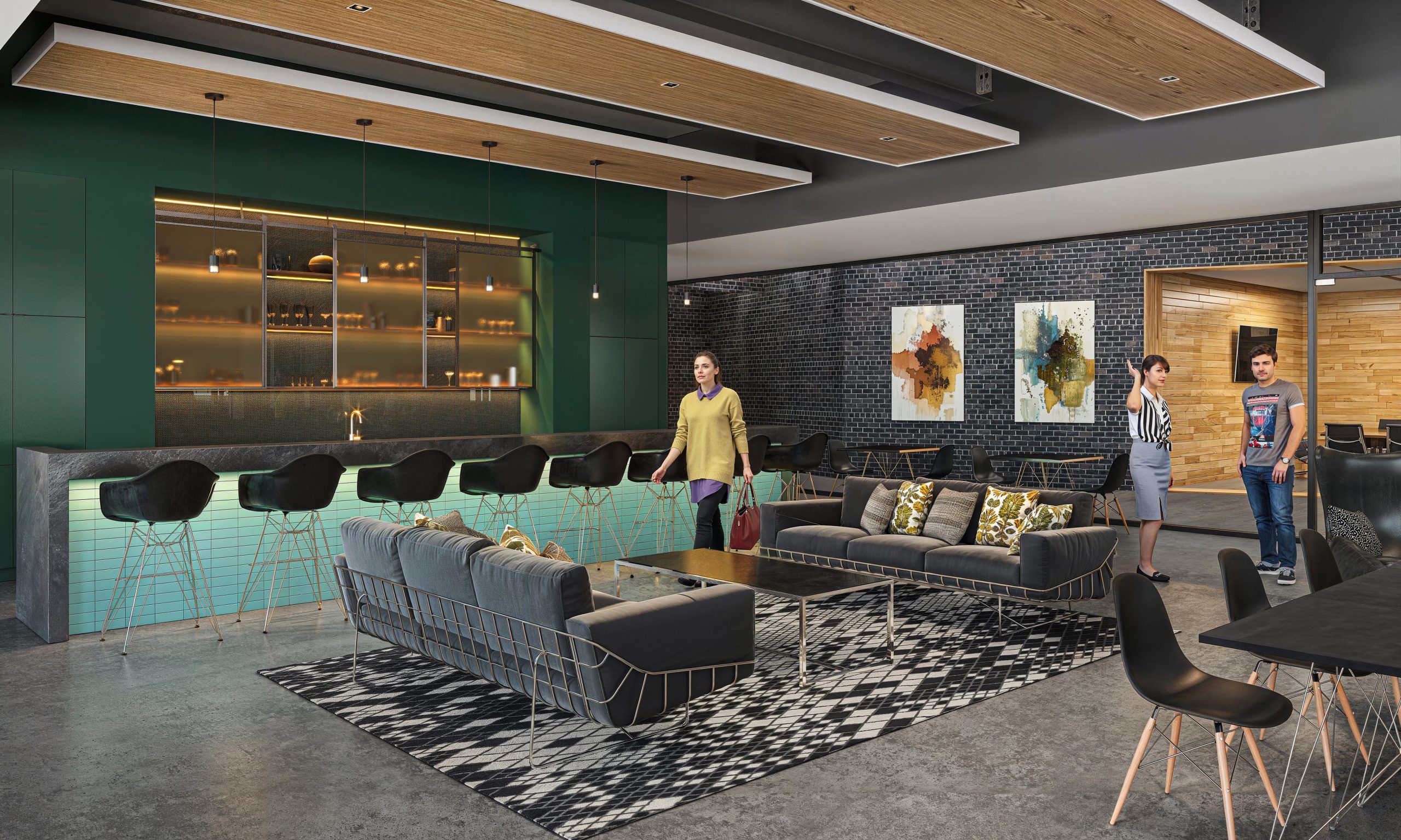 Tower Two at Bloc 83 Raleigh modern office interior architectural rendering by Bogza.com. A sophisticated communal workspace featuring a vibrant green tile bar and kitchenette, a dark brick accent wall, mid-century modern lounge seating, and warm wood ceiling baffles.
