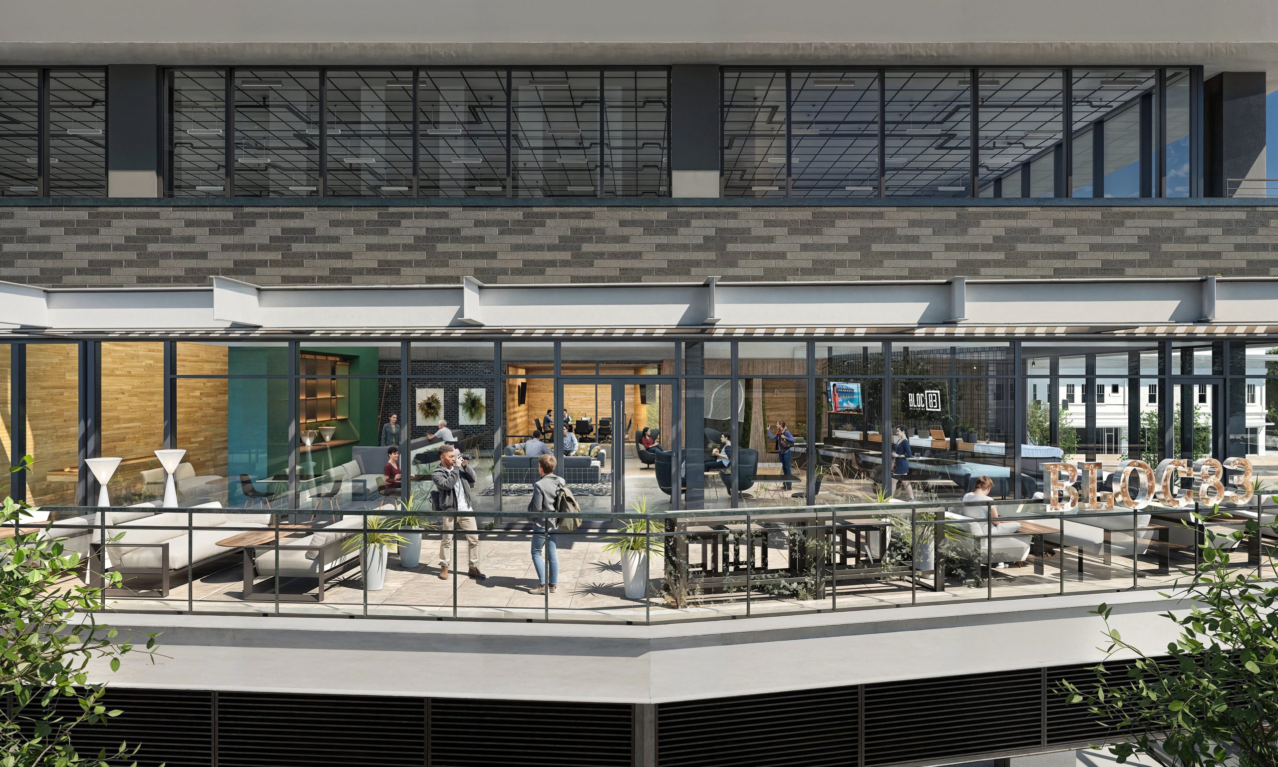 Tower Two at Bloc 83 Raleigh outdoor terrace amenity rendering by Bogza.com. A bright daytime view of an elevated outdoor tenant terrace, featuring lounge seating, modern planters, and a glass-enclosed indoor workspace with the BLOC83 logo.