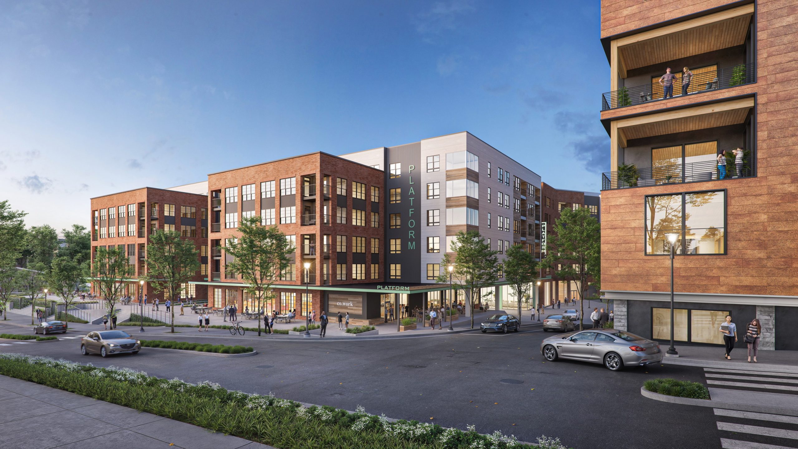 Platform Raleigh luxury apartments and coworking exterior rendering by Bogza.com. A dusk street-level corner view of the vibrant West End mixed-use community, showcasing the