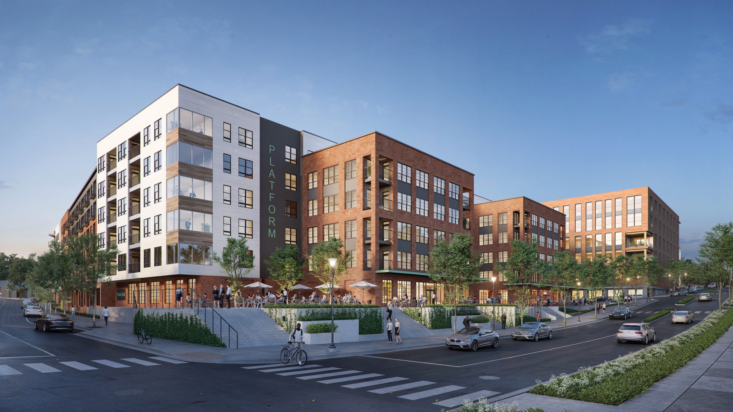 Platform Raleigh West End apartment exterior architectural rendering by Bogza.com. A bright daytime street-level perspective of the 7-story residential community, featuring a modern white and red brick facade, a prominent green