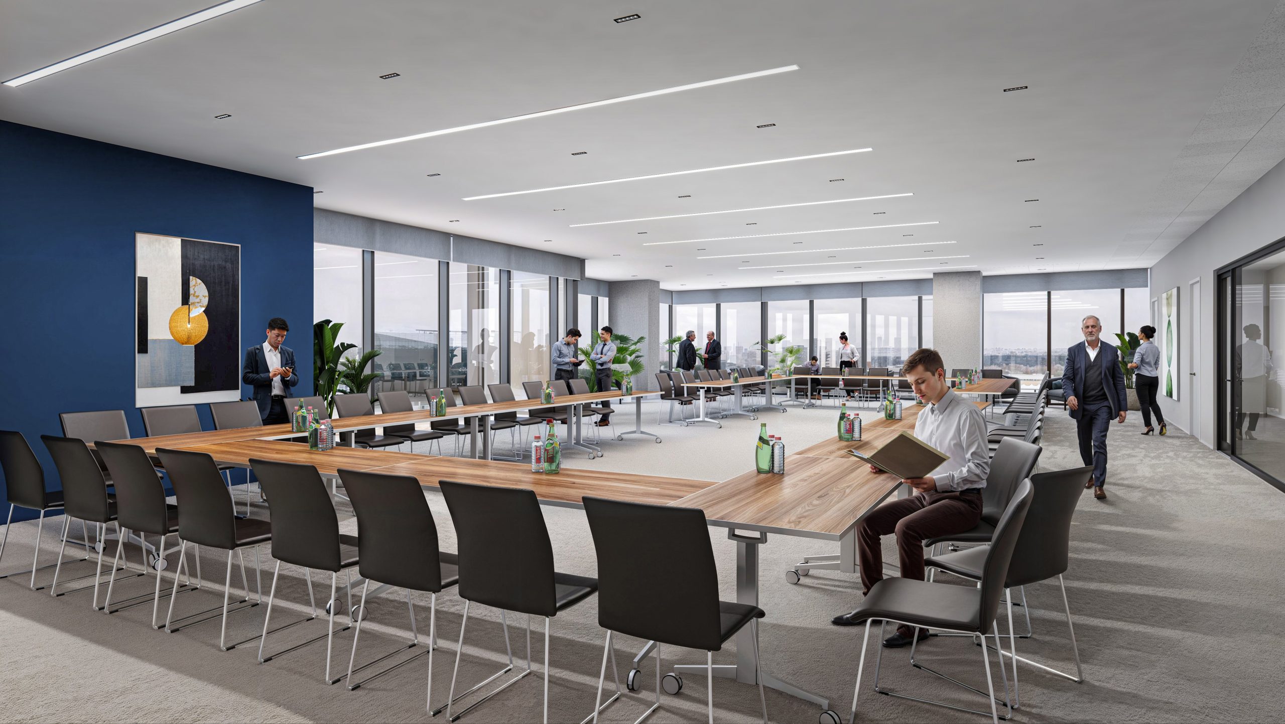 121 Fayetteville Raleigh executive conference room interior rendering by Bogza.com. A spacious, modern corporate meeting space featuring a large U-shaped wooden conference table, ergonomic black chairs, and panoramic city views through floor-to-ceiling windows.