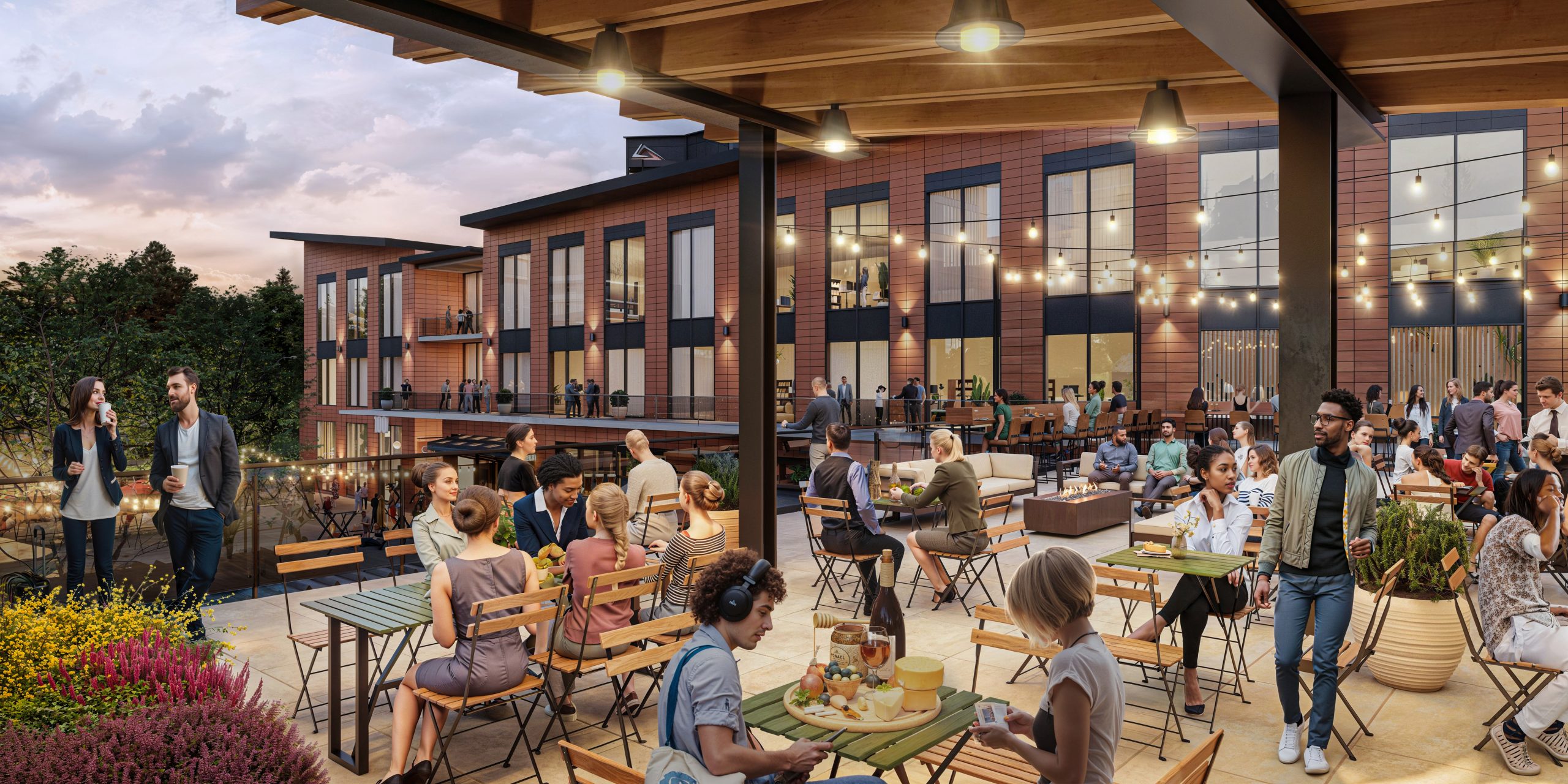 Hub RTP North Carolina outdoor terrace amenity rendering by Bogza.com. A twilight view of a lively elevated outdoor patio space at Horseshoe at Hub RTP, featuring string lights, a modern fire pit, comfortable lounge seating, dining tables, and professionals gathering outside the brick office building.