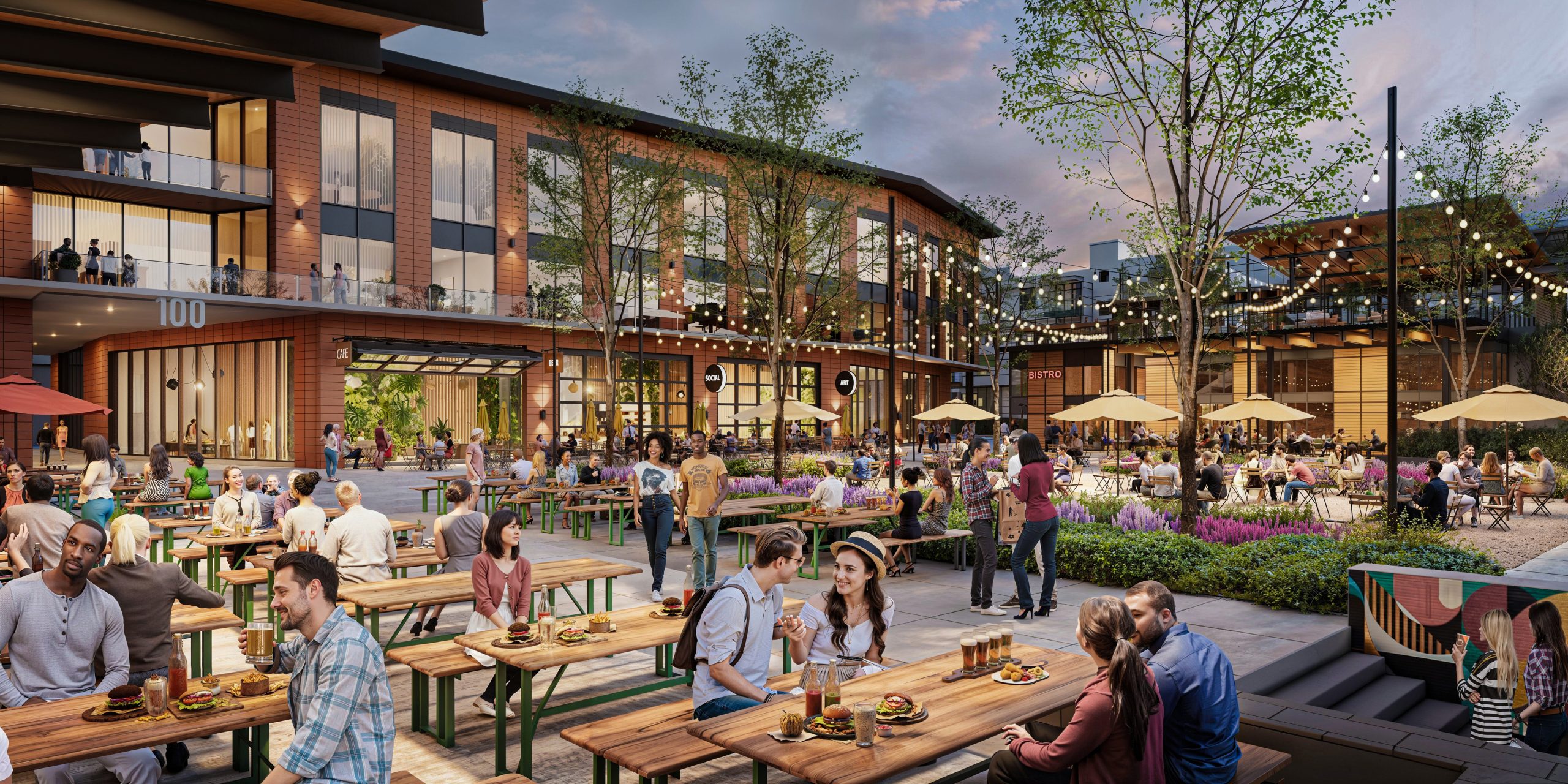 Hub RTP North Carolina retail plaza and outdoor dining rendering by Bogza.com. A vibrant dusk view of the mixed-use community's central gathering space, showcasing rows of wooden picnic tables, string lights, glowing restaurant storefronts, and active pedestrians.
