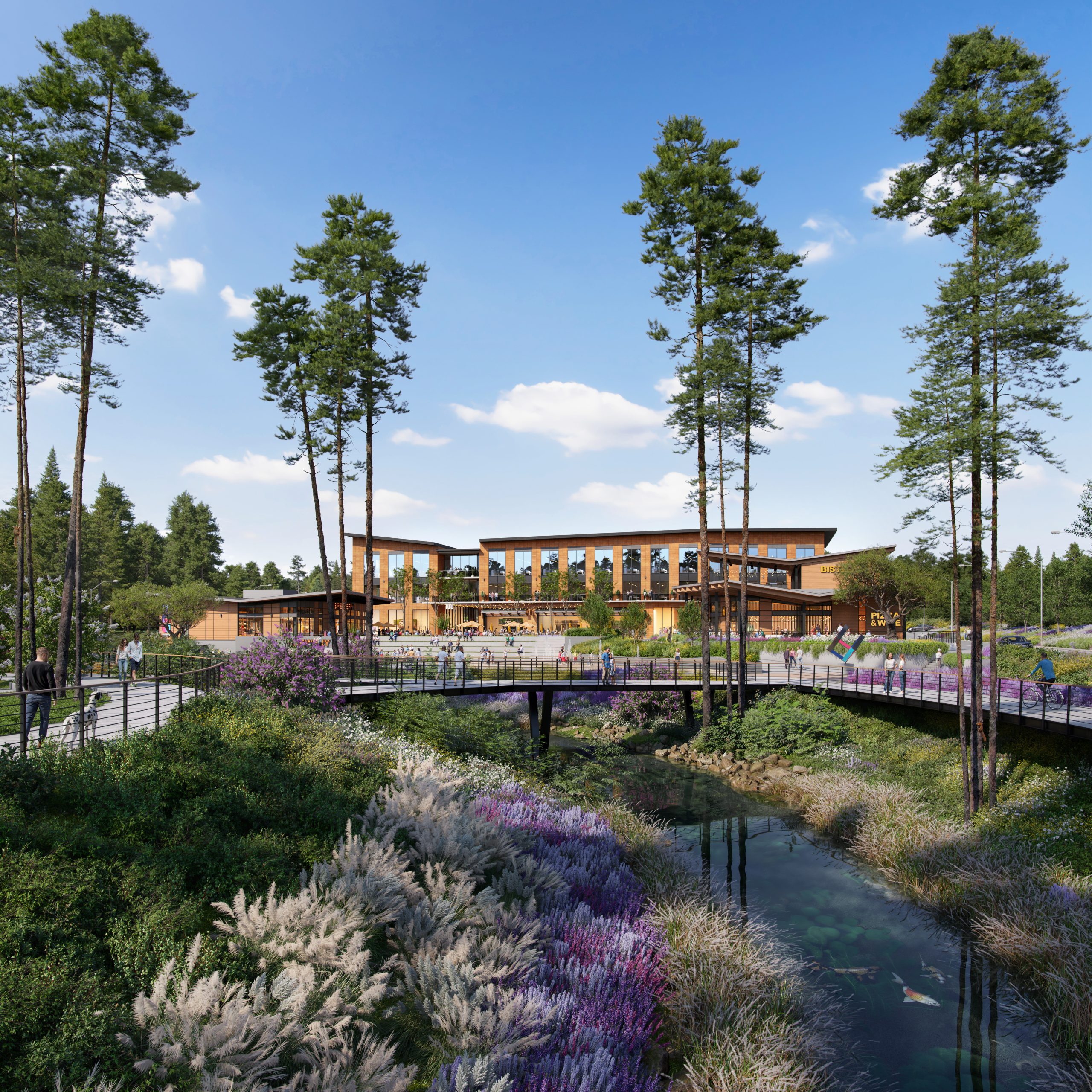 Hub RTP North Carolina nature trail and office exterior rendering by Bogza.com. A sunny daytime view highlighting the harmonious blend of high-tech and nature, showcasing a bridge over a lush stream, tall pines, and the modern commercial retail plaza.