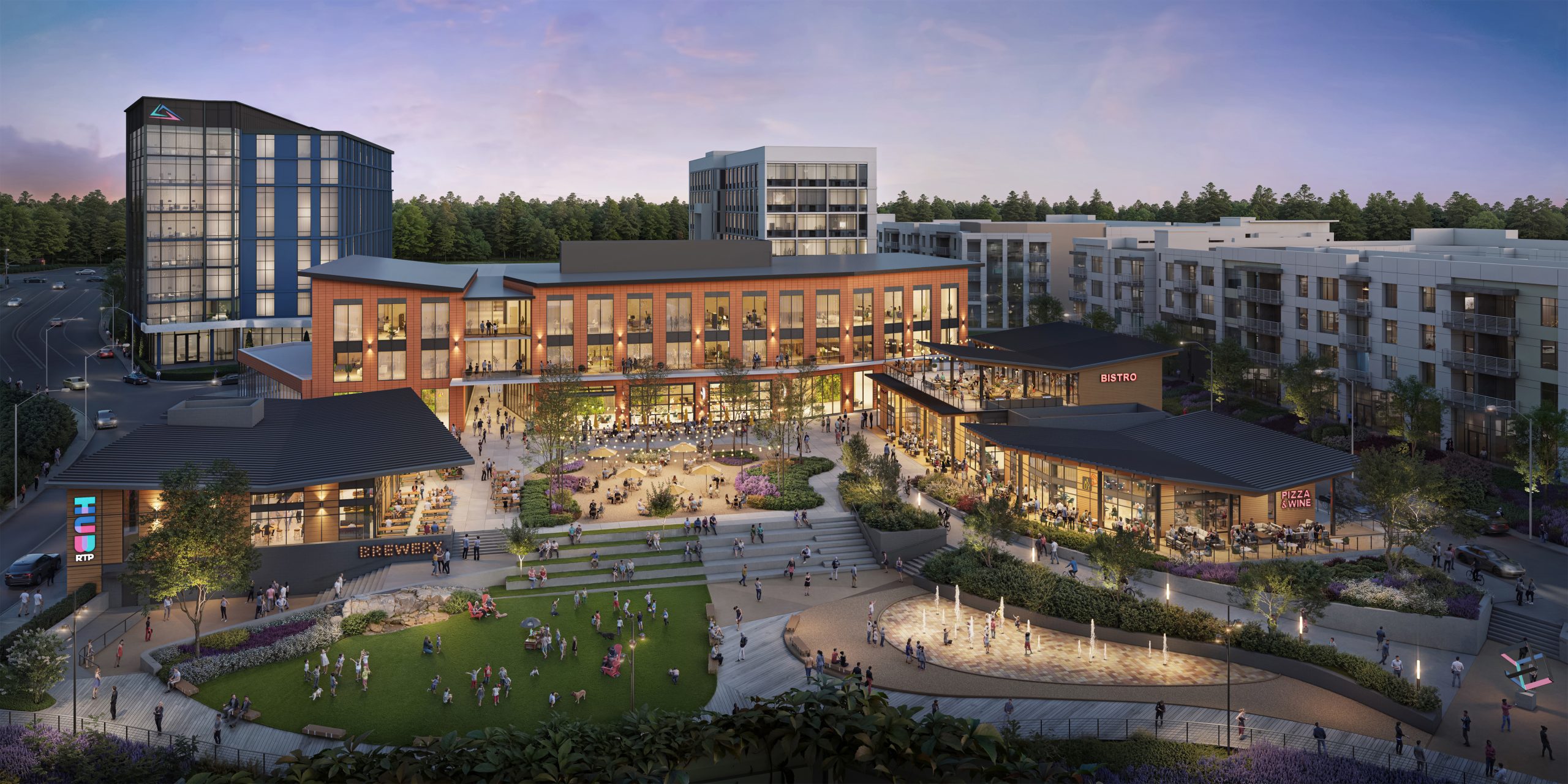 Hub RTP North Carolina mixed-use development aerial architectural rendering by Bogza.com. A stunning sunset view overlooking the vibrant Horseshoe at Hub RTP central plaza, featuring a terraced green lawn, splash pad fountains, outdoor dining patios, and surrounding modern brick retail and office buildings.