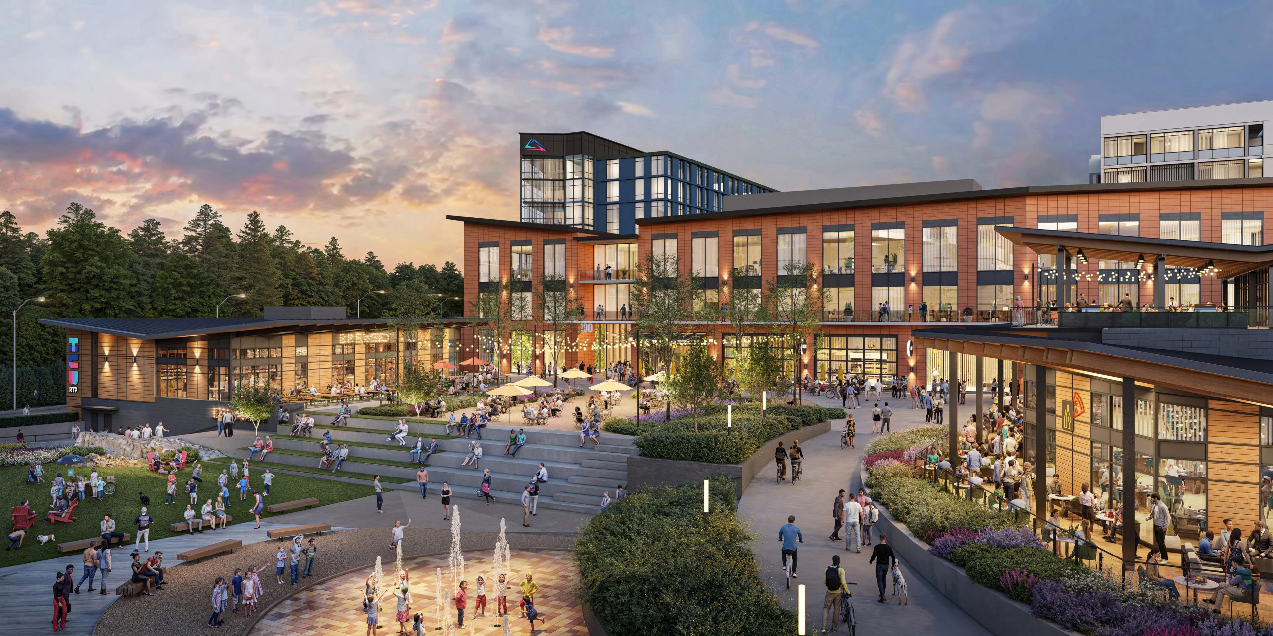 Hub RTP North Carolina retail and entertainment plaza rendering by Bogza.com. A stunning twilight view of the vibrant mixed-use center, showcasing illuminated storefronts, a bustling terraced green space, water features, and pedestrians enjoying the evening.