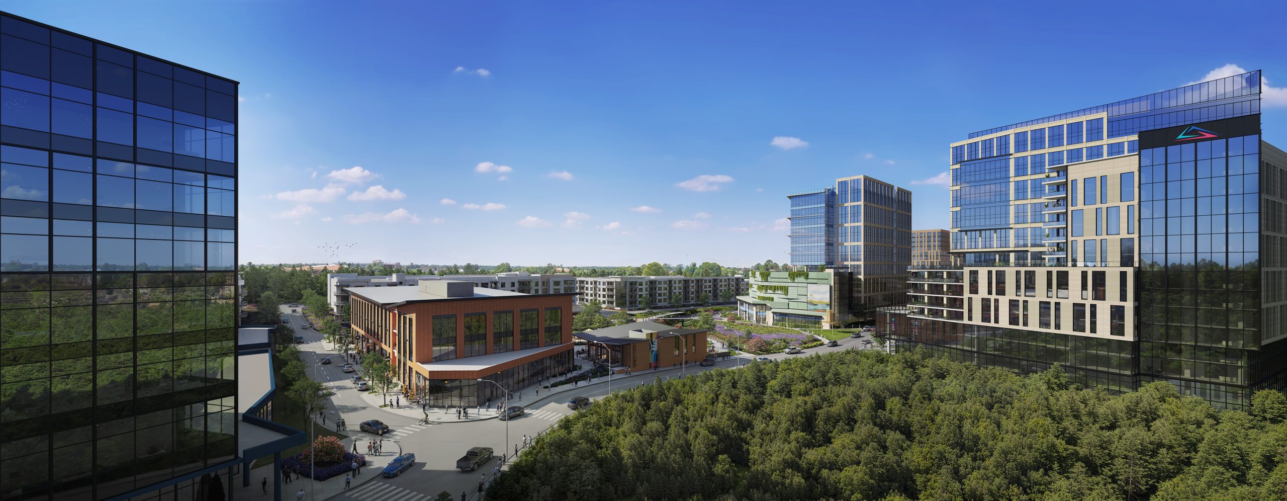Hub RTP North Carolina commercial campus exterior architectural rendering by Bogza.com. A wide panoramic daytime view of the modern mixed-use development, highlighting sleek glass office towers, brick retail storefronts, and beautifully landscaped tree-lined streets.