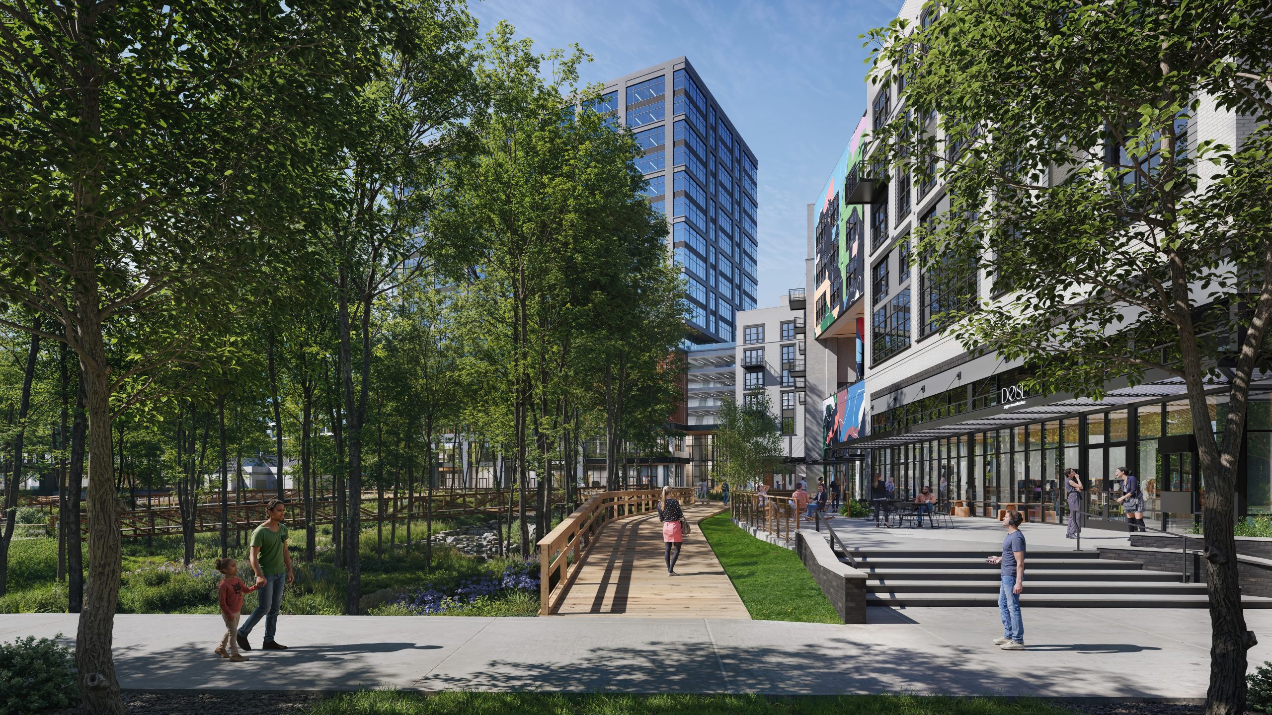 North Hills Innovation District NHID Raleigh retail and greenway rendering by Bogza.com. A daytime view of the pedestrian-focused spaces, showcasing Dose Yoga + Smoothie Bar, a wooden boardwalk trailing alongside the preserved wetlands, and the towering glass office building in the background.