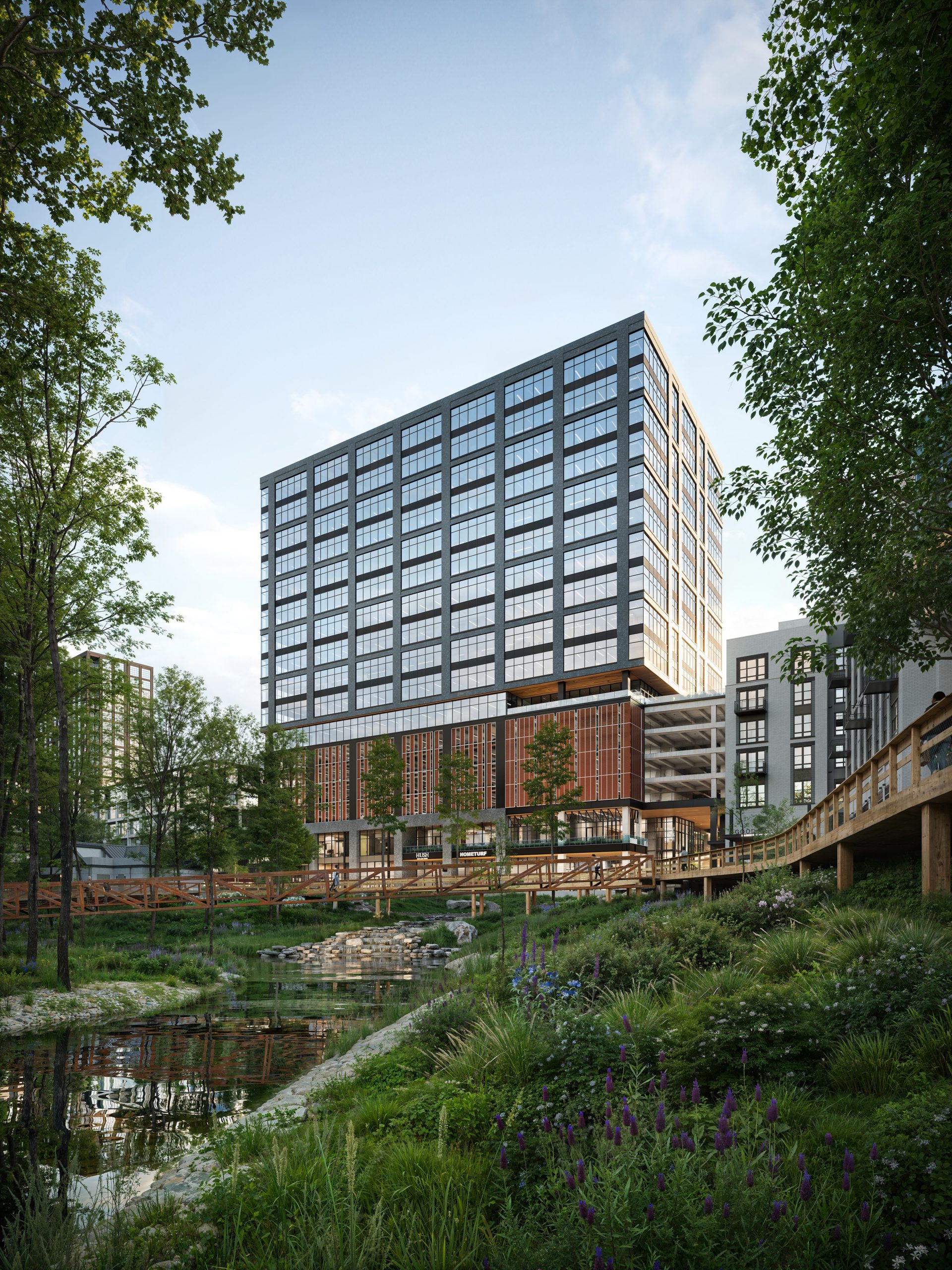 Tower 5 at NHID Raleigh architectural exterior rendering by Bogza.com. A beautiful daytime view of the modern 17-story Class A office tower, highlighting its integration with nature through expansive glass, ground-floor retail, and an elevated wooden pedestrian bridge crossing the lush wetlands.