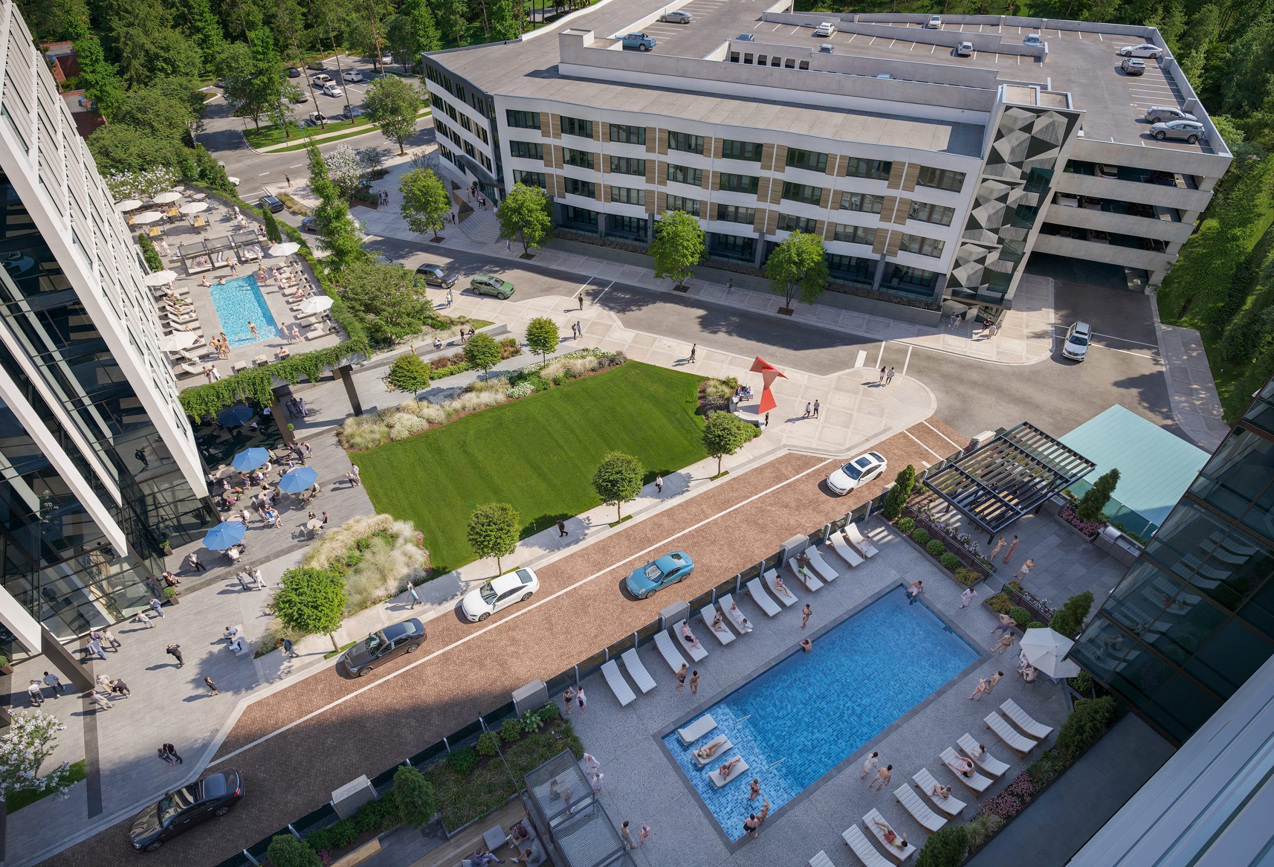 Salisbury Square Raleigh downtown mixed-use development aerial architectural rendering by Bogza.com. A high-angle drone view of the expansive urban campus, showcasing the modern glass high-rise tower, a multi-story parking deck wrapped in residential units, a lush central green space, an elevated outdoor pool terrace, and active pedestrians.