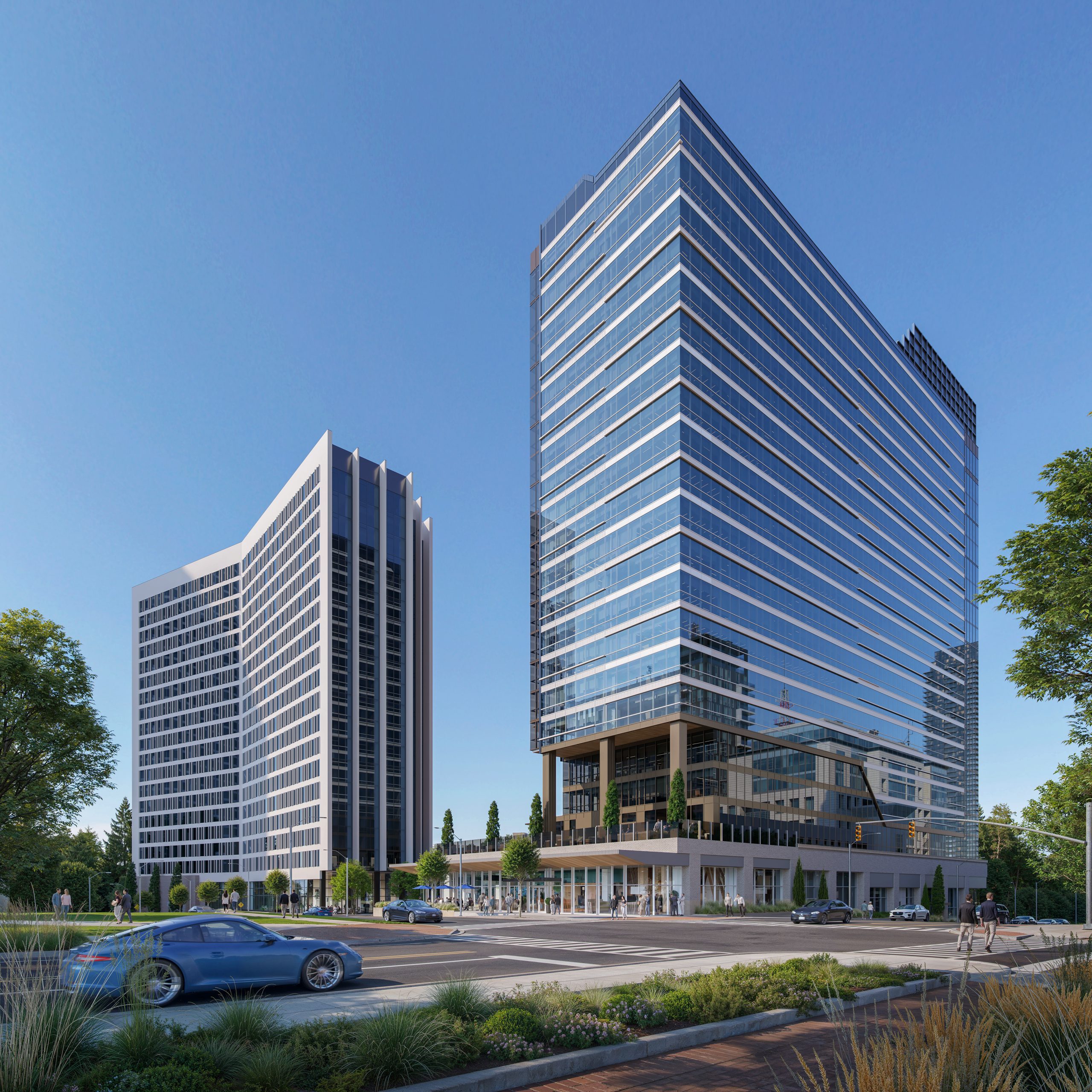 Salisbury Square Raleigh commercial and residential exterior architectural rendering by Bogza.com. A sunny daytime street-level view of the luxury downtown development, showcasing two modern glass towers, landscaped sidewalks, street trees, and pedestrians crossing the intersection.