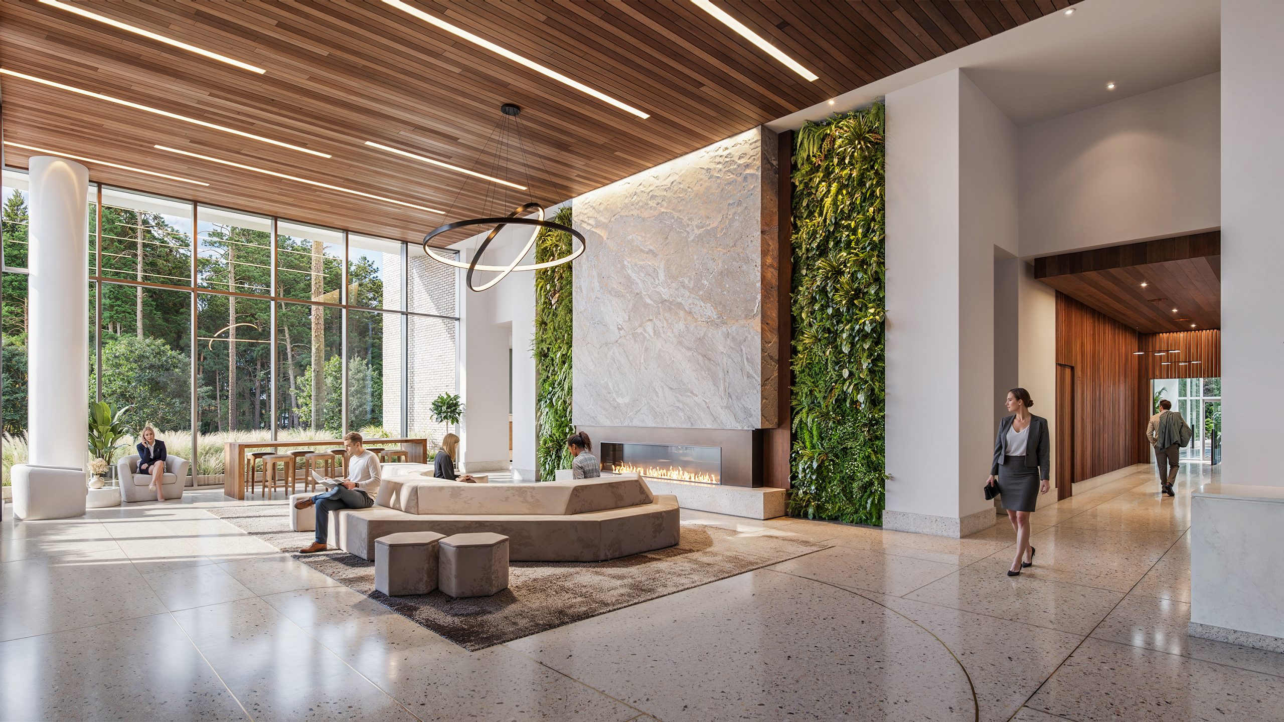 Salisbury Square Raleigh commercial office lobby interior rendering by Bogza.com. A grand, modern reception area featuring a stunning floor-to-ceiling stone fireplace flanked by vibrant green living walls, warm wood-slat ceilings, sleek terrazzo flooring, and comfortable lounge seating.