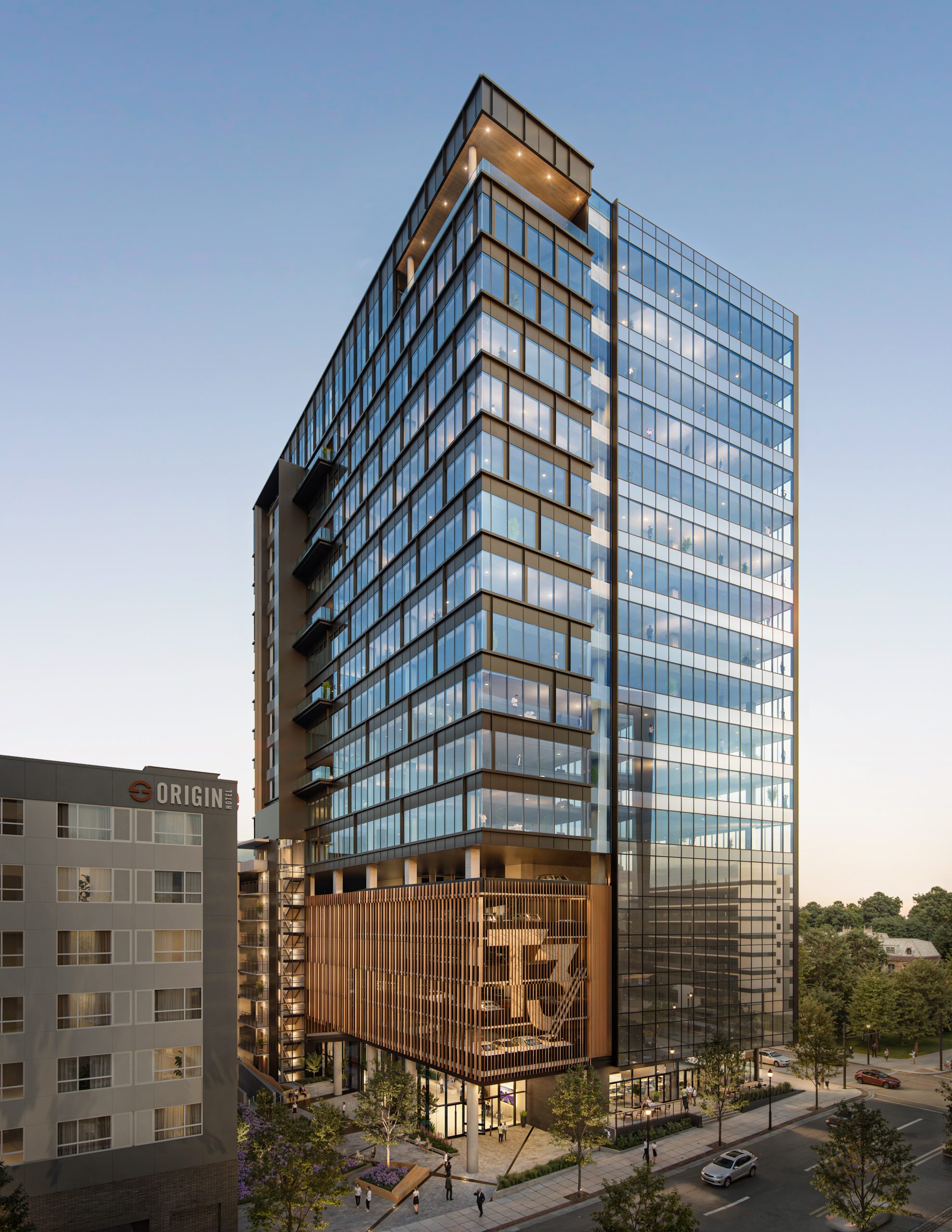 Tower 3 at Bloc 83 Raleigh high-rise exterior architectural rendering by Bogza.com. A daytime wide-angle perspective of the entire 18-story glass and concrete mixed-use tower, highlighting its scale next to the adjacent Origin Hotel, the T3 supergraphic on the wood-paneled garage, and rooftop terraces.